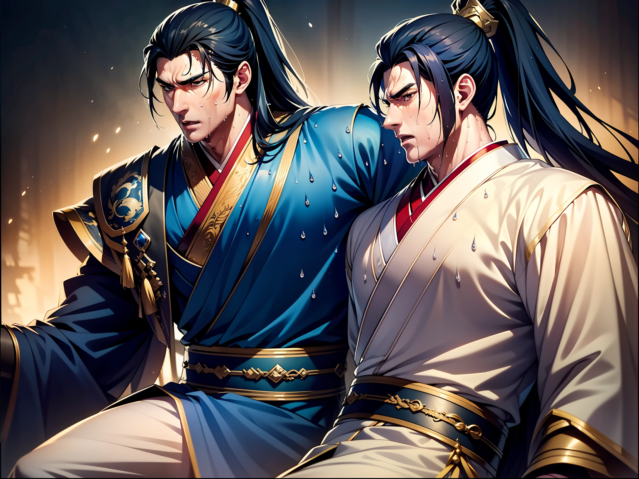 Two-dimensional, anime style, man (male warrior), muscle, correct proportions, face details, martial arts, high ponytail hairstyle, sweating, sweaty face, drooling, neck details, with Adam's apple, wet, wet, Hanfu costume, long robe, embroidered robe, dragon robe, clothing details, collar, long sleeves, game quality, swordsman demeanor, light and shadow tracing, ray tracing, detail glow, CG rendering, hair details, long black hair, golden eyes, sweaty face, handsome, handsome, sweat beads slipping down the neck, (juvenile feeling), complex clothing, wet, wet, perfect composition, refinement, high quality, more details, a lot of details, complex background, atmosphere,