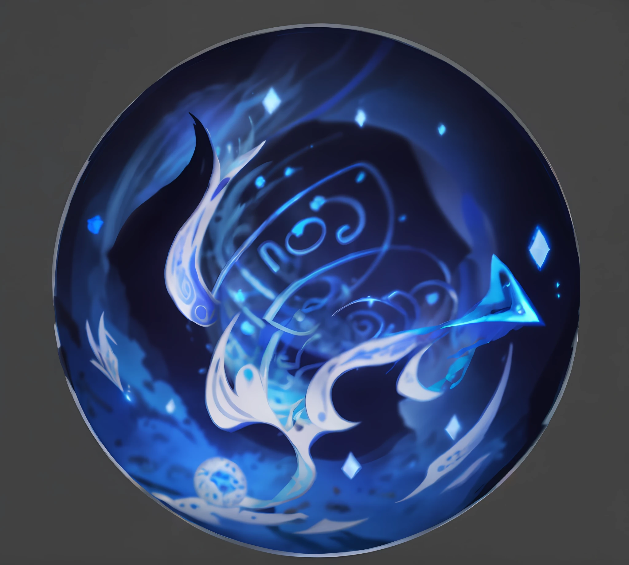 there is a blue and white picture of a fish in a bowl, painted in the style arcane, concept art magical highlight, ghost sphere, the orb of dreams, mana flowing around it, arcane art style, orb of agamento, the orb of eternity, arcane style bomb, painted as a game concept art, moon light fish eye illustrator