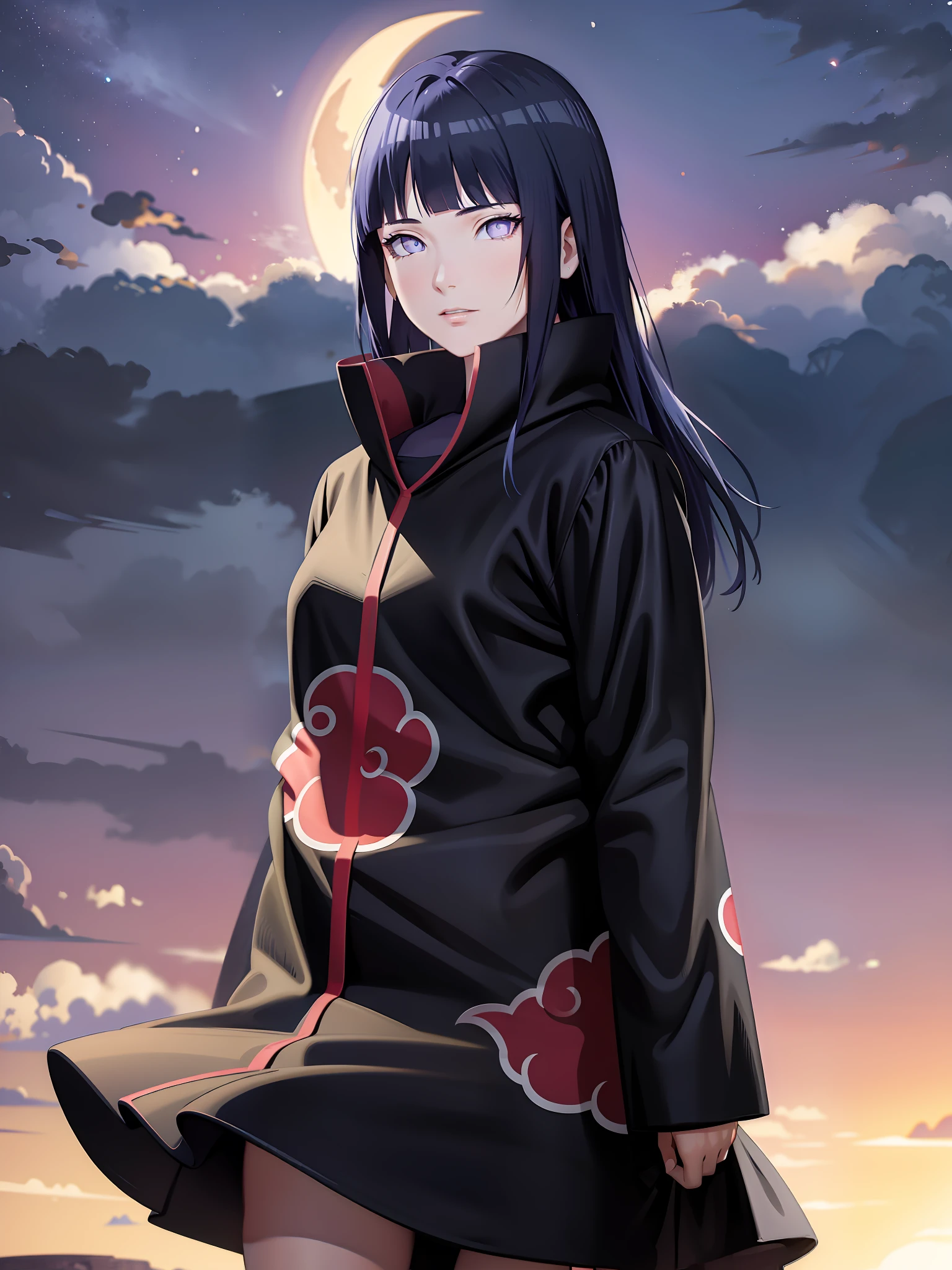 (masterpiece), (best quality), ultra high res, professional artwork, ultra detailed, intricate, detailed face, perfect lighting, 1girl, dark blue hair, (purple eyes), AKATSUKI OUTFIT, ninja, black cloak, black coat, high collar, collarbone, head, night, night sky, crescent moon, red moon, outdoors, (cowboy shot, far shot), blunt bangs, dark blue hair, long hair