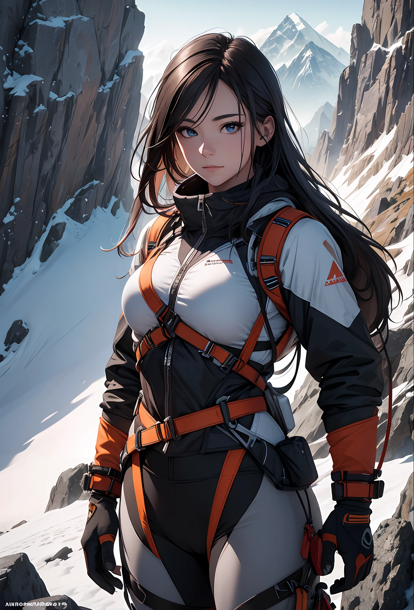 Portrait, wallpaper, HDR, RTX, raytracing, radiosity, anisotropic filtering, 16K, Best quality, masterpiece,1girl, solo, mature, beautiful mountain climber, mountaineering outfit, gradient long hair, perfect, detailed, intricate, ropes, mountaineering gear