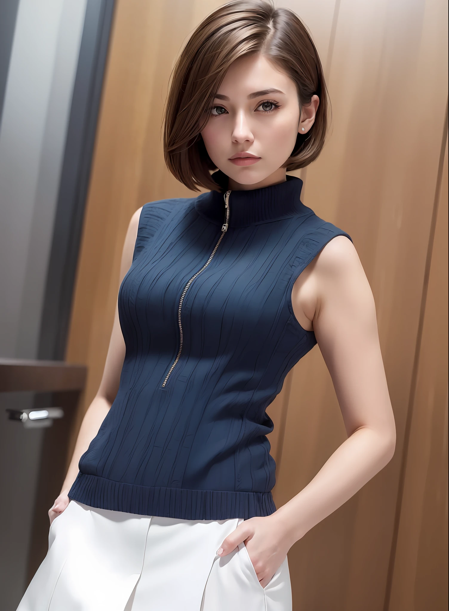 (8k, top quality, masterpiece: 1.2), (realistic, photorealistic: 1.37), super detailed, one girl, cute, alone, lawyer-style calm woman, (short hair: 1.2),floating hair NovaFrogStyle,