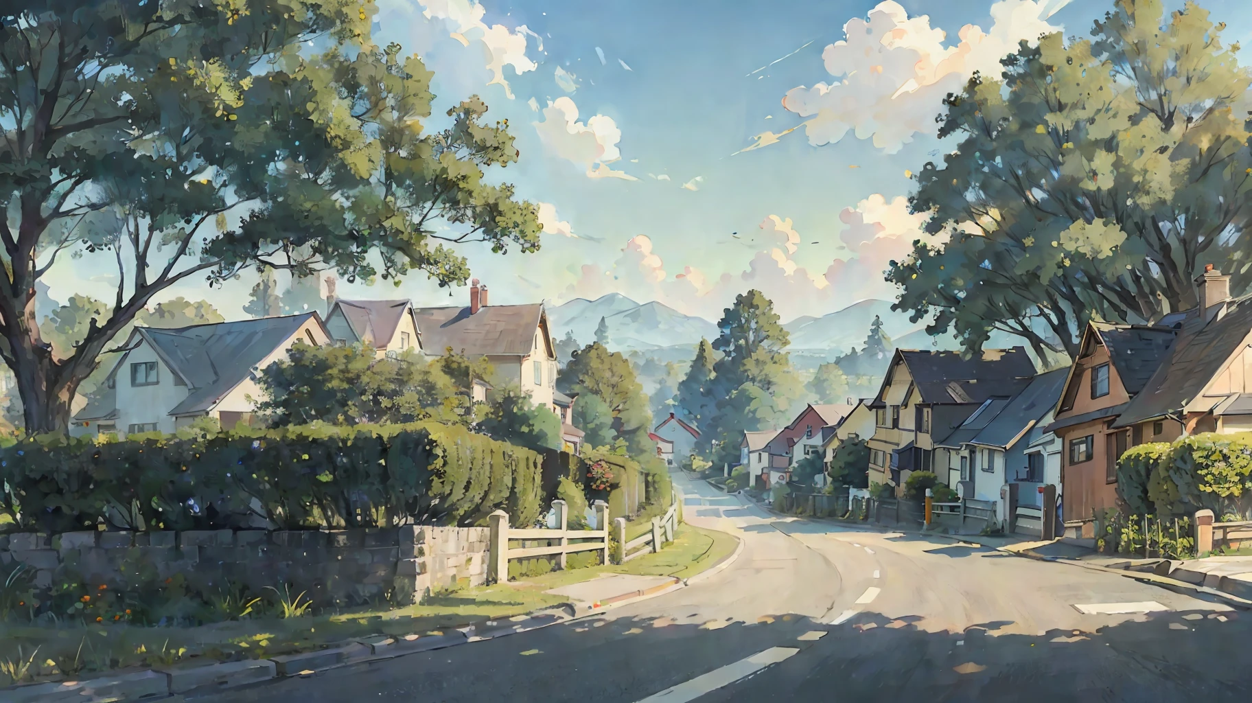 masterpiece, best quality, detailed, car is moving by the street in american suburbs, view from behind, 8k, sunny, stunning, summer, trees, houses, birds