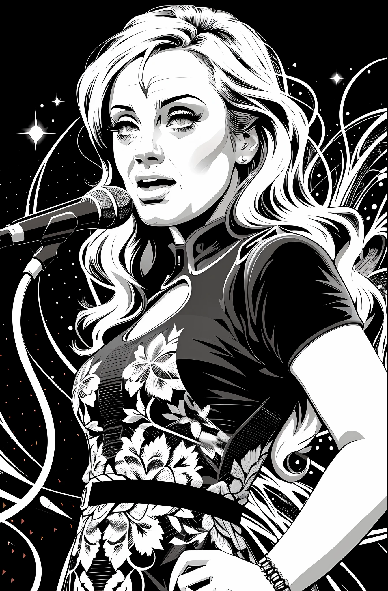 (vector:1.4), Adele, epic, realistic, stroke art, black and white, flowery dress, detailed clothes
