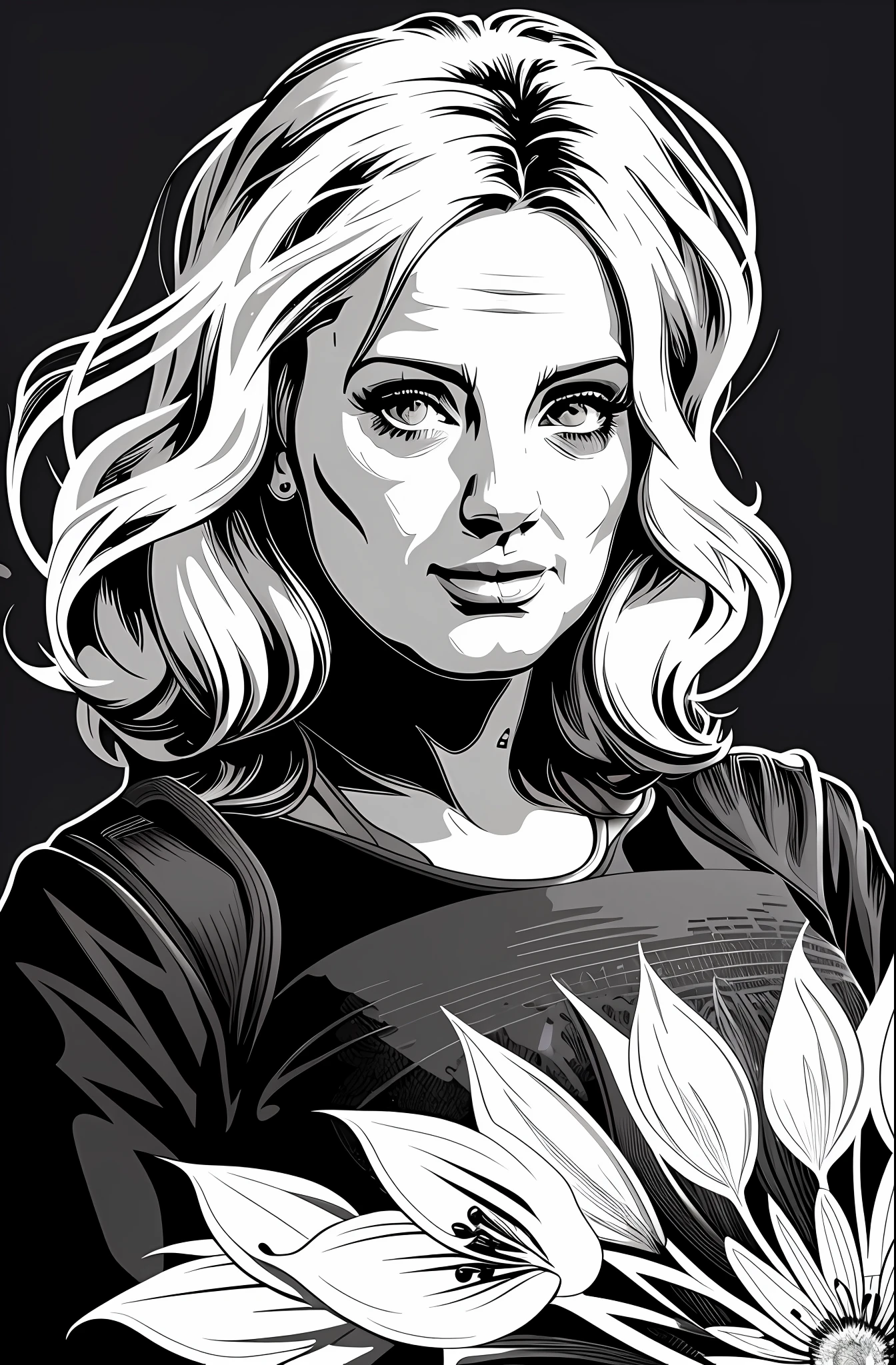 (vector:1.4), Adele, epic, realistic, stroke art, black and white, flowery dress, detailed clothes