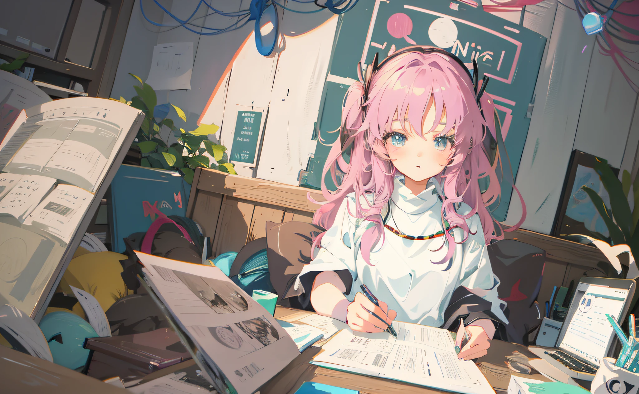 ((anime) + (girl + sitting at desk) + (holding laptop + book) + meow ear + moe + (konachan wallpaper + 4K+ high quality + anime style illustration + art muse + art mythology + picture details)) --auto --s2