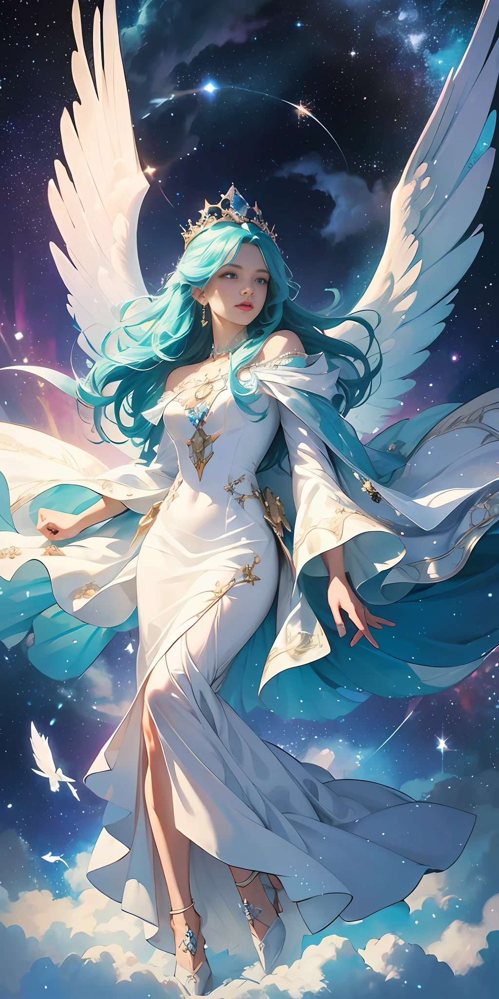 (Masterpiece, Top Quality, Best Quality, Extreme Detail, Best Detail, Official Art, Beauty and Aesthetics: 1.2), (Tarot Card Style: 1.3), Highly Detailed Eyes, Colorful, Denim Lenses, Beautiful Face, Korean Idol, Solo, Perfect Body, (Above the Clouds in the Sky: 1.6), Fairy, Flowing Streamer, Sun Rays, Clouds, Full Body, White Dress, Fairy Dress, Space, Starry Sky, Night, Starry Sky, jewelry, dress feathers, angel wings, particles of light, volumetric lighting, ray tracing, (flowing streamer: 1.1), (fantasy novel: 1.2), illuminator, stars, fantasy, high contrast, ink strokes, overexposed, impressions of blue and green tones, abstract, (watercolor by John Burkey and Jeremiman), brush strokes, crystal sorcerer, magnificent ethereal atmosphere, updraft, crystal crown, looking up at the sky, delicate and beautiful hands, color splash