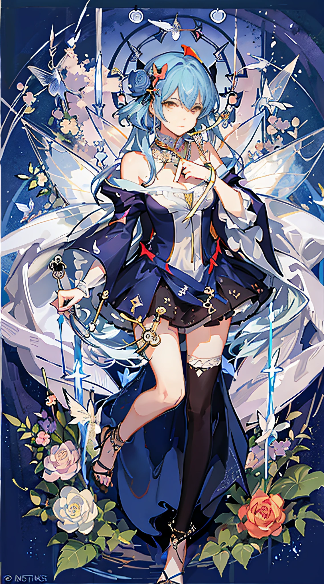 (Golden Ratio: 1.2), (Rose Graffiti: 1.2), (Glitch Color: 1.3), [(White Background: 1.4)::10], (Whole Body: 1.2), (Super Fine: 1.3), (Tarot :1.6),(Magician (Tarot):1.6),(Paper:1.2),(Fairy:1.6),(Fairy Wings:1.2),Full Body, Hanging,(Cool:1.2),(Red Long Hair ),(butterfly hair accessory),(flower hair accessory: 1.0),((sandals,Locket)),(colored cocktail dress: 1.0)+(loose-sleeve jacket: 1.3)+(fluttering colorful tassels and ribbons :1.2 ),(white stockings: 1.2),(colored ink paper flowers: 1.2),(colorful flower sea: 1.3),(chaotic geometry: 1.3),(negative space: 0.8),(drawing board: 1.3 ), (Ether Color ink flow: 1.3)