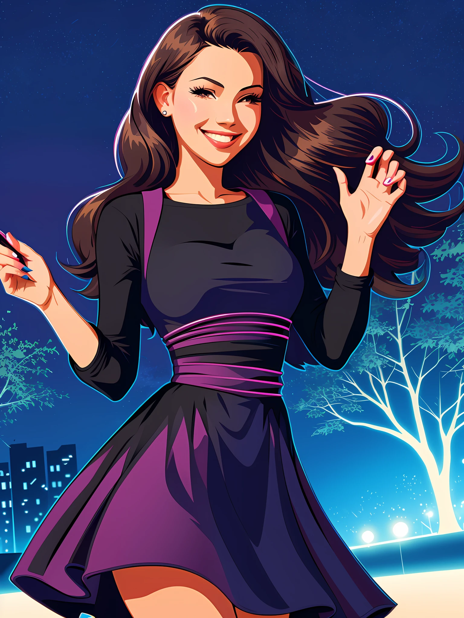 (gouache:0.8), (vector:1.4), smile, a girl, ultra sharpness, park, night, breeze, smile, beautiful dress, detailed clothes, muted colors