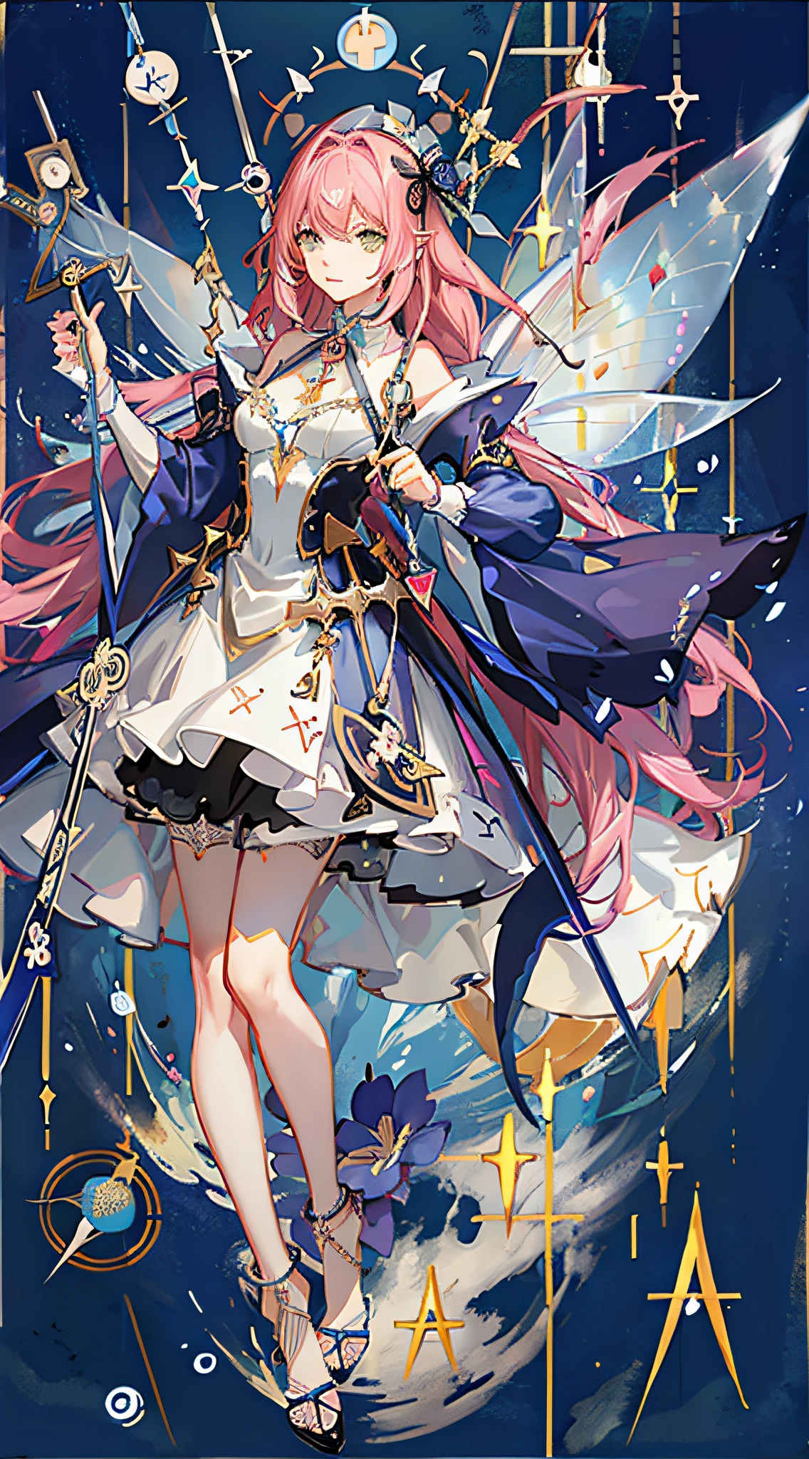 (Golden Ratio: 1.2), (Rose Graffiti: 1.2), (Glitch Color: 1.3), [(White Background: 1.4)::10], (Whole Body: 1.2), (Super Fine: 1.3), (Tarot :1.6),(Magician (Tarot):1.6),(Paper:1.2),(Fairy:1.6),(Fairy Wings:1.2),Full Body, Hanging,(Cool:1.2),(Red Long Hair ),(butterfly hair accessory),(flower hair accessory: 1.0),((sandals,Locket)),(colored cocktail dress: 1.0)+(loose-sleeve jacket: 1.3)+(fluttering colorful tassels and ribbons :1.2 ),(white stockings: 1.2),(colored ink paper flowers: 1.2),(colorful flower sea: 1.3),(chaotic geometry: 1.3),(negative space: 0.8),(drawing board: 1.3 ), (Ether Color ink flow: 1.3)