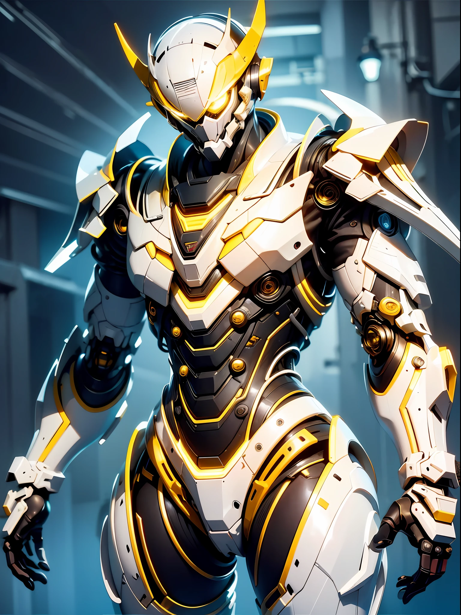 image fill,masterpiece,best quality,super detail,16k,textured skin,Bright image quality,science fiction, REX, robot, mecha, no humans, glowing, solo, straight-on, glowing eyes, science fiction, looking at viewer, upper body, yellow eyes, Exoskeleton,rex,