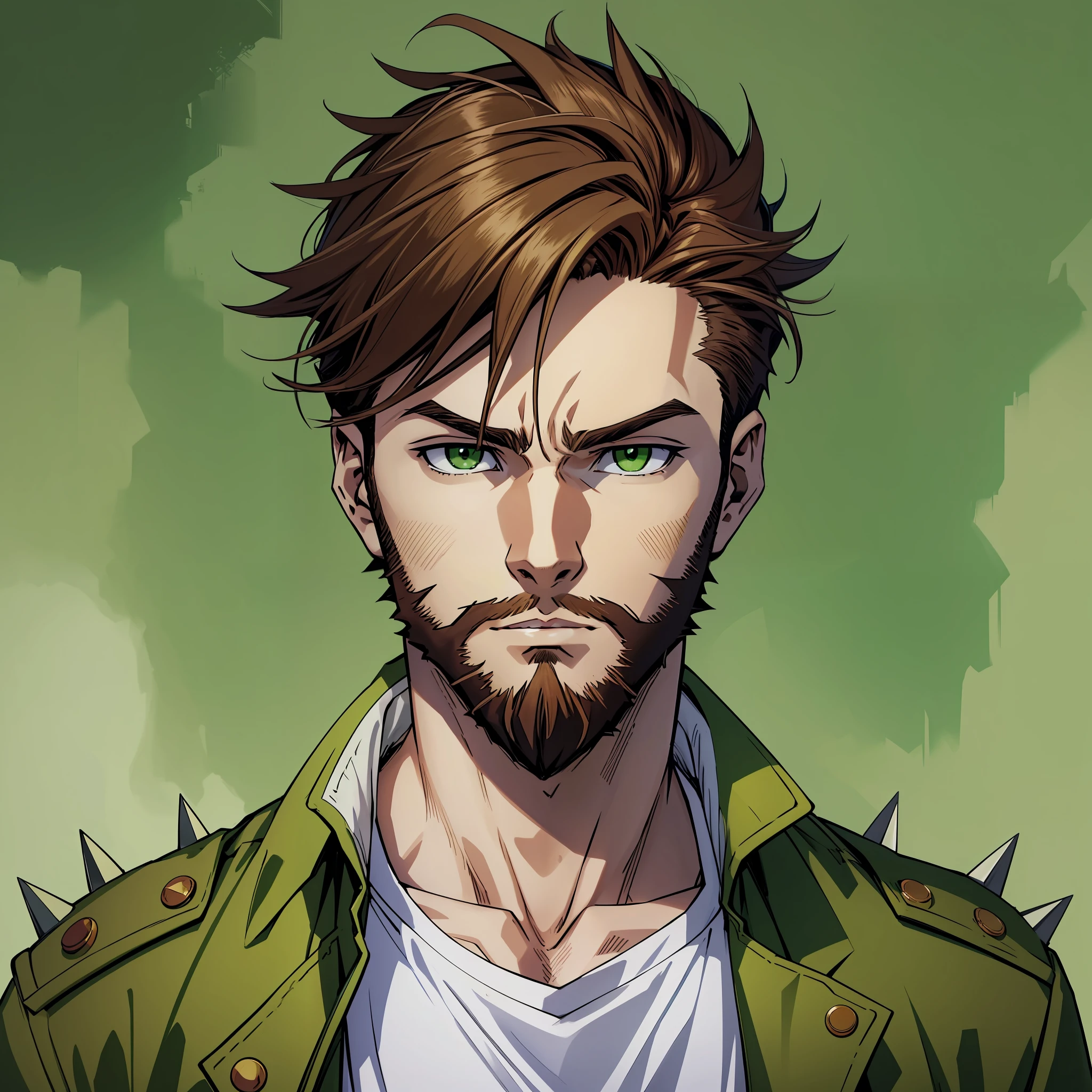 Superior quality, anime style, anime image, man (light brown hair with modern and spiky cut, green colored eyes, white skin, with beard), only the face, wearing high school clothes. --auto --s2