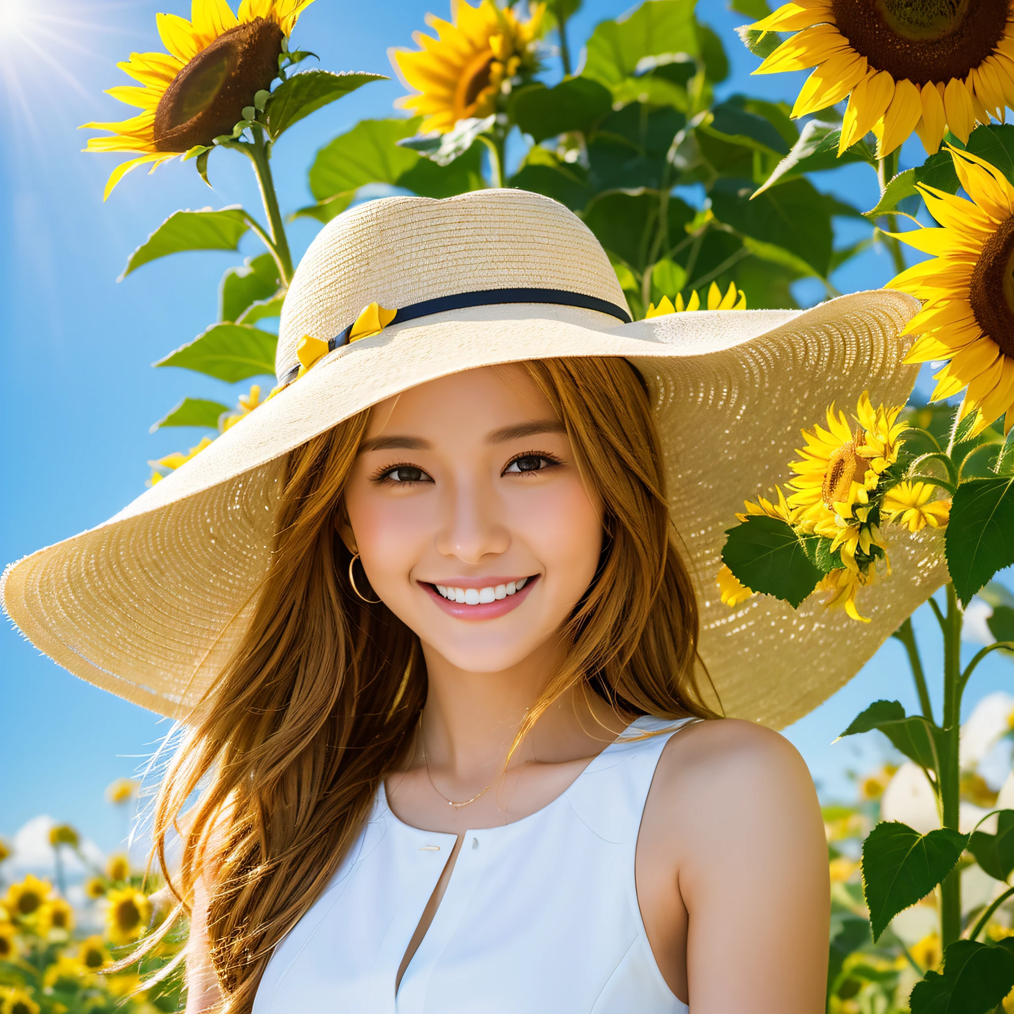 white hat, healthy smile, sleeveless white shirt, sunflower field, sun,