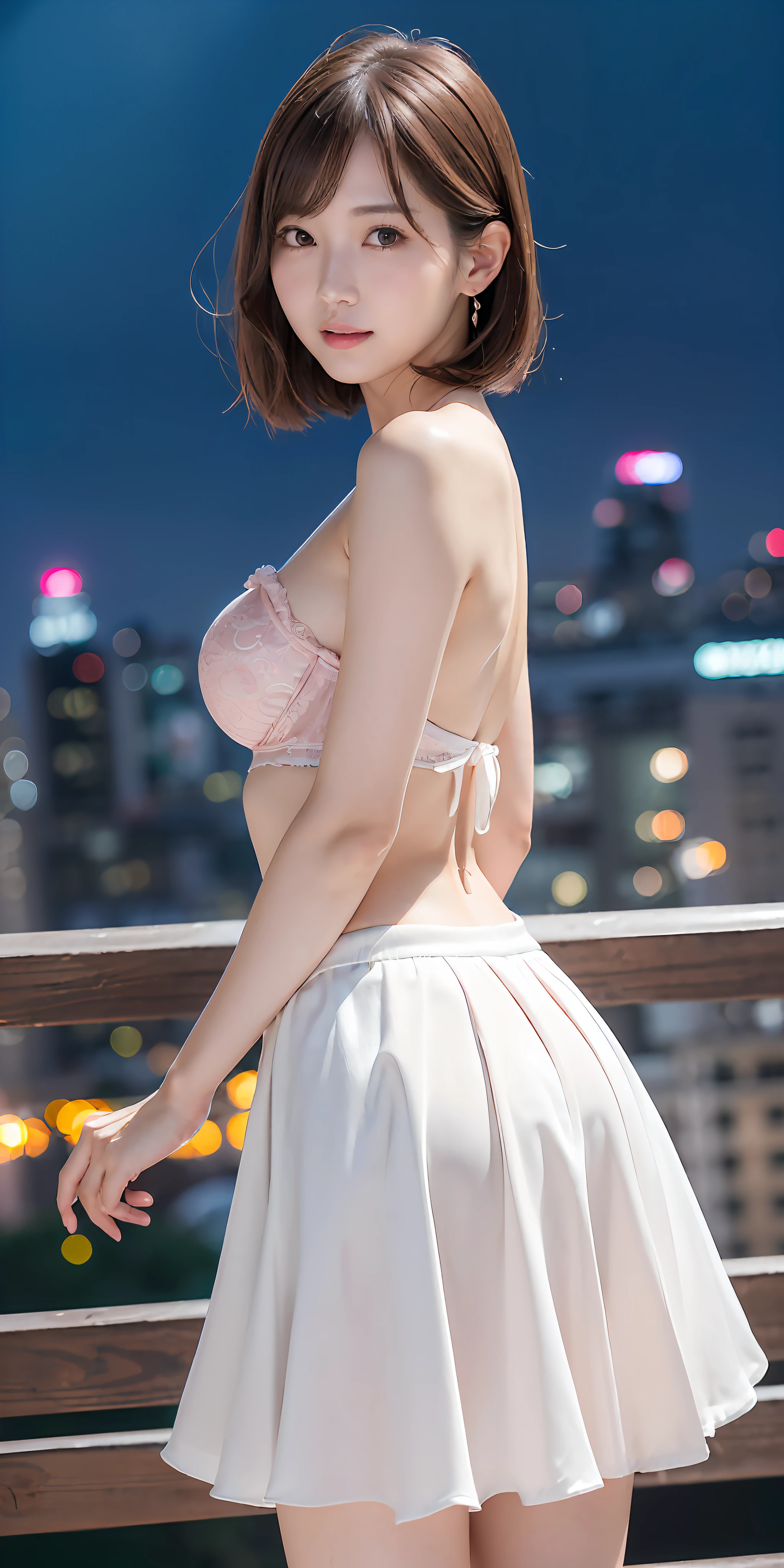 (((((Mai Shiraishi, white flared skirt, pink brassiere, cowboy shot, side view, looking ahead, arched back, arms behind head, dark brown very short hair, gigantic breasts, standing))))))(((( masterpiece, best quality, highly detailed, absurdres, RAW photo, ultra high resolution)))), highly detailed face and skin texture, detailed eyes, clear focus, an asian young and beautiful girl, white skin, real human skin, oval face, pores, gentle and goddess-like eyes, lip gloss, eyelashes, Gloss Face, Wide Lighting, Natural Shading, Small Waist, Slender Body, Slight Smile, Clear Facial Features, Beautiful Face, Double Eyelids, Sagging Eyes, Night Cityscape, Wind
