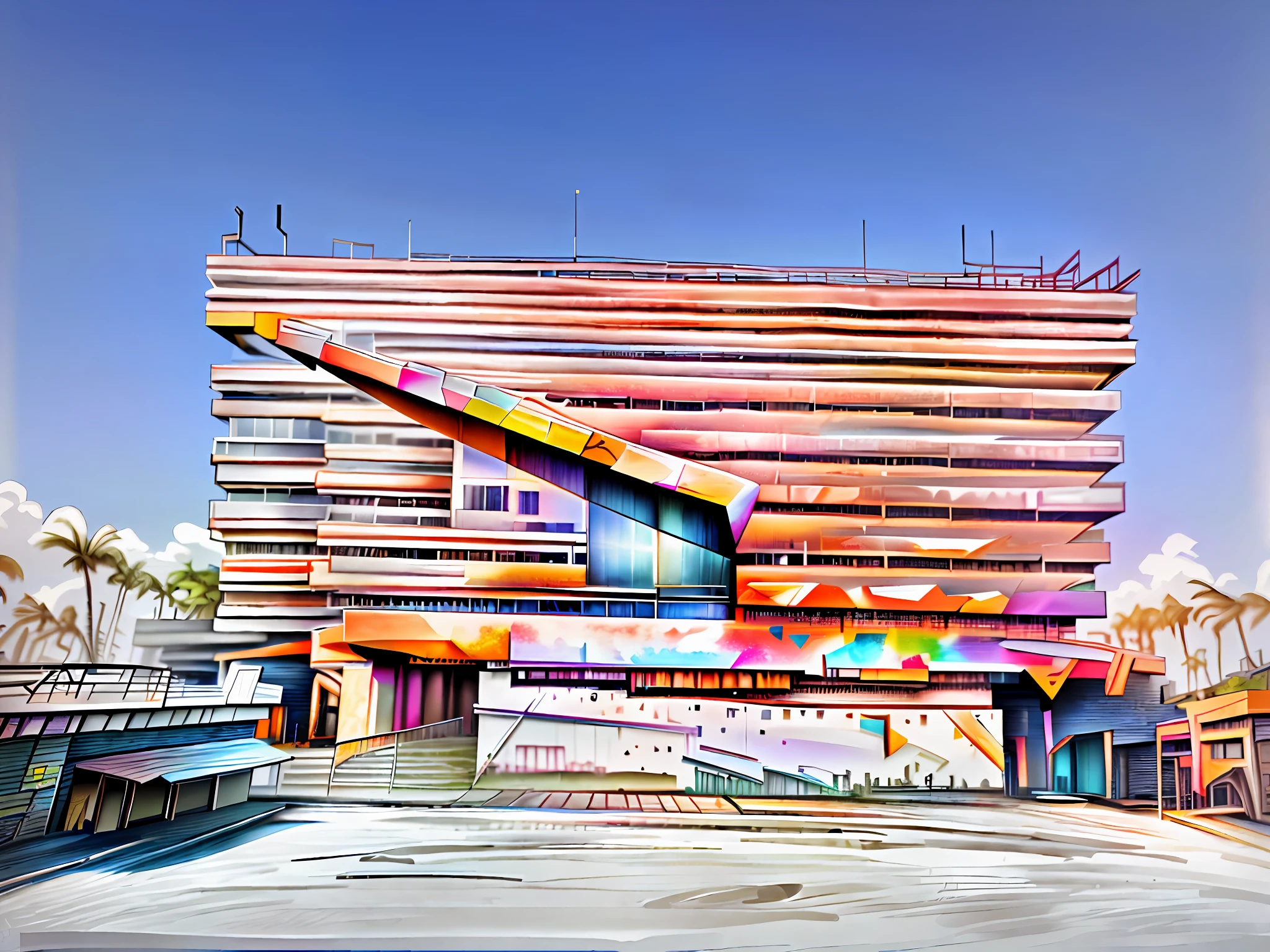 Modern architecture is fully displayed, showing the charm of modern technology, taking a full view, camera: Sony A7R, the concept of the character wearing freely and comfortably, the main tone of architectural orange, strong sense of modern science and technology, large amount of construction, diverse lens angles.