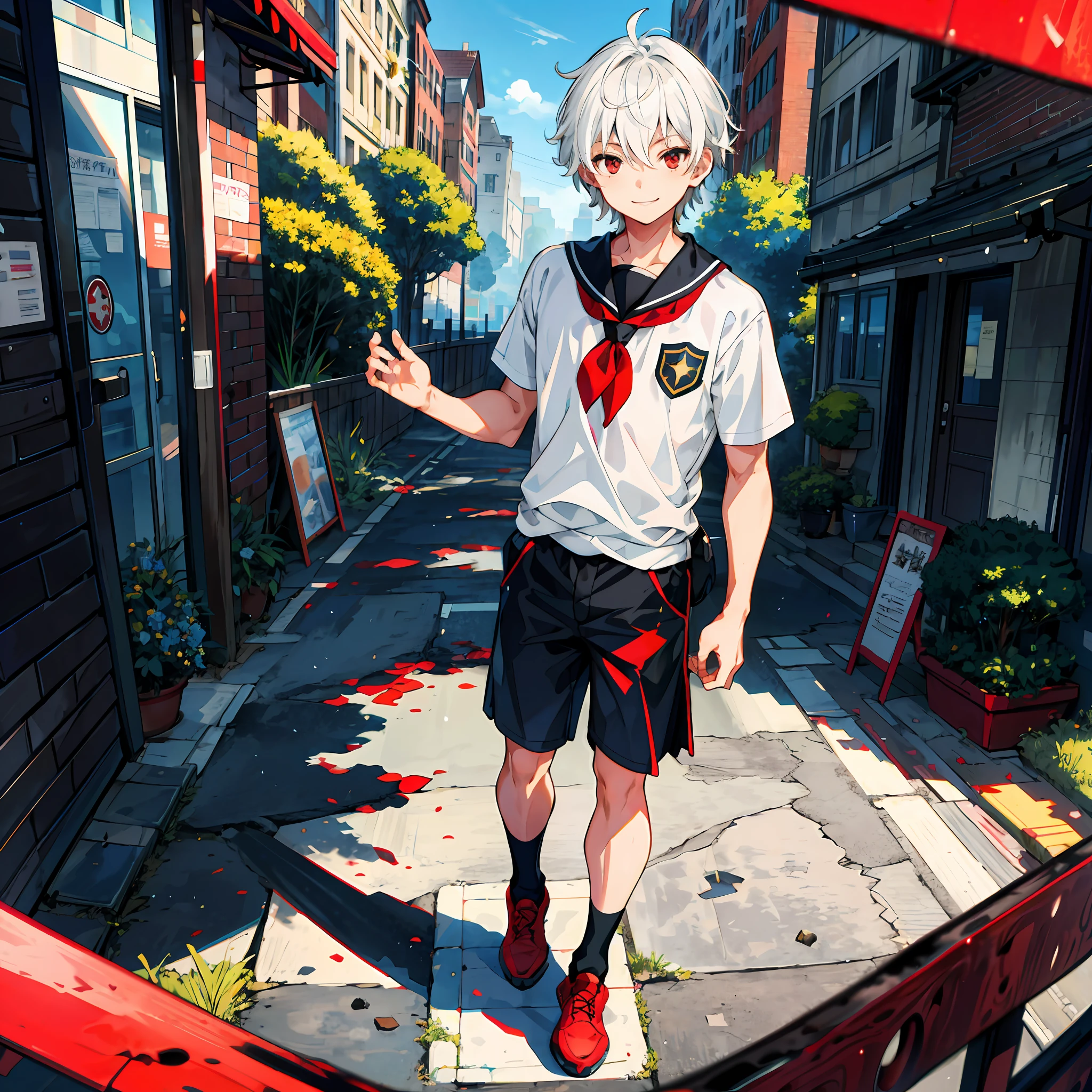 (high-quality, breathtaking),(expressive eyes, perfect face), short, young boy, short white hair, red eyes, smiling, black school uniform, wear shorts, urban setting, sunshine, blue sky, shine, glow.