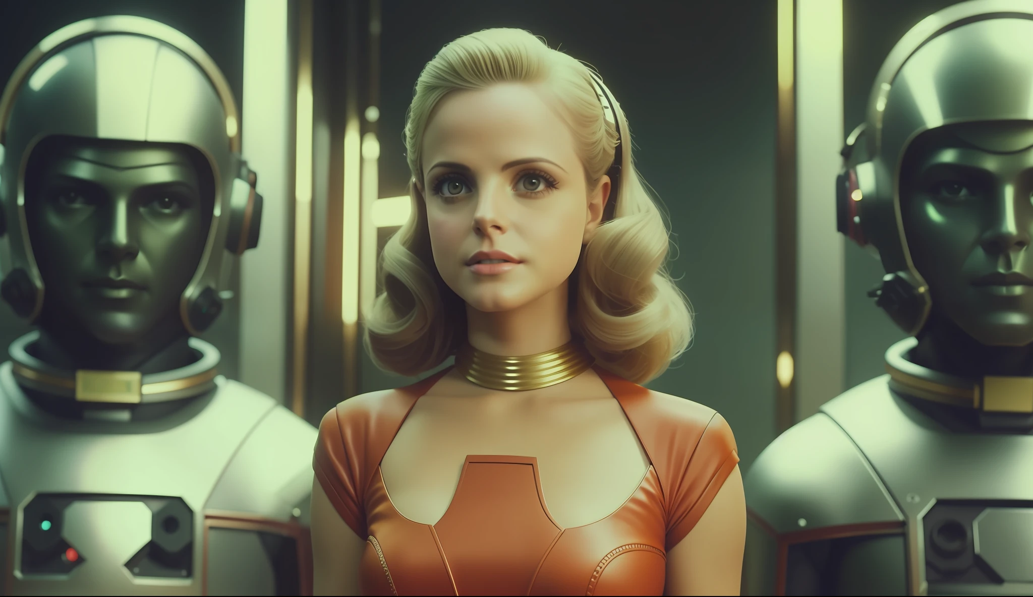 a woman (Mena Suvari) standing in front of three humanoids, a character portrait by Wes Anderson, cgsociety, retrofuturism, 1970s, futuristic, sci-fi