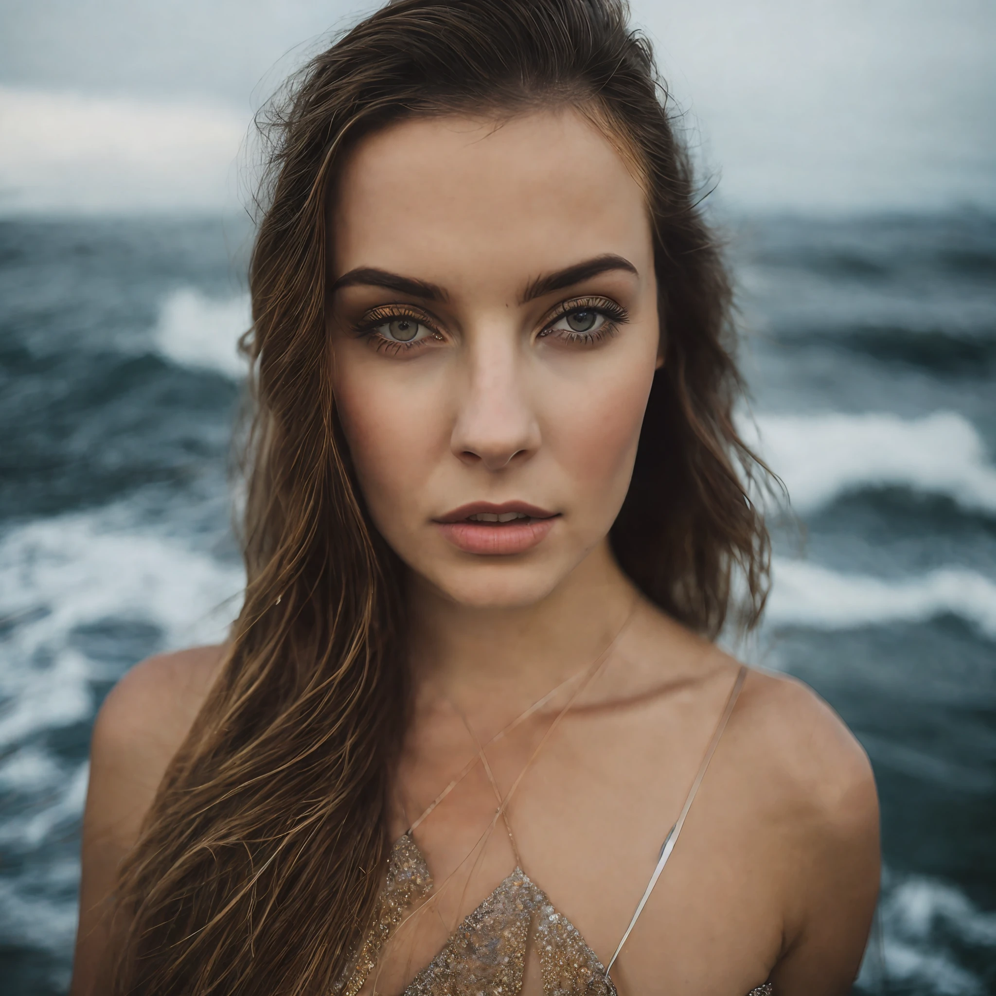 Close-up portrait of a sexy young Ukrainian woman with a revealing dress of fit and brilliance on the edge of the sea, symmetrical face, external lighting, taciturn atmosphere, piercing eyes