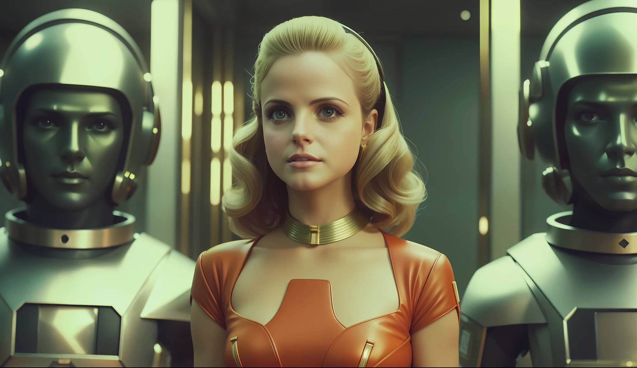 a woman (Mena Suvari) standing in front of three humanoids, a character portrait by Wes Anderson, cgsociety, retrofuturism, 1970s, futuristic, sci-fi