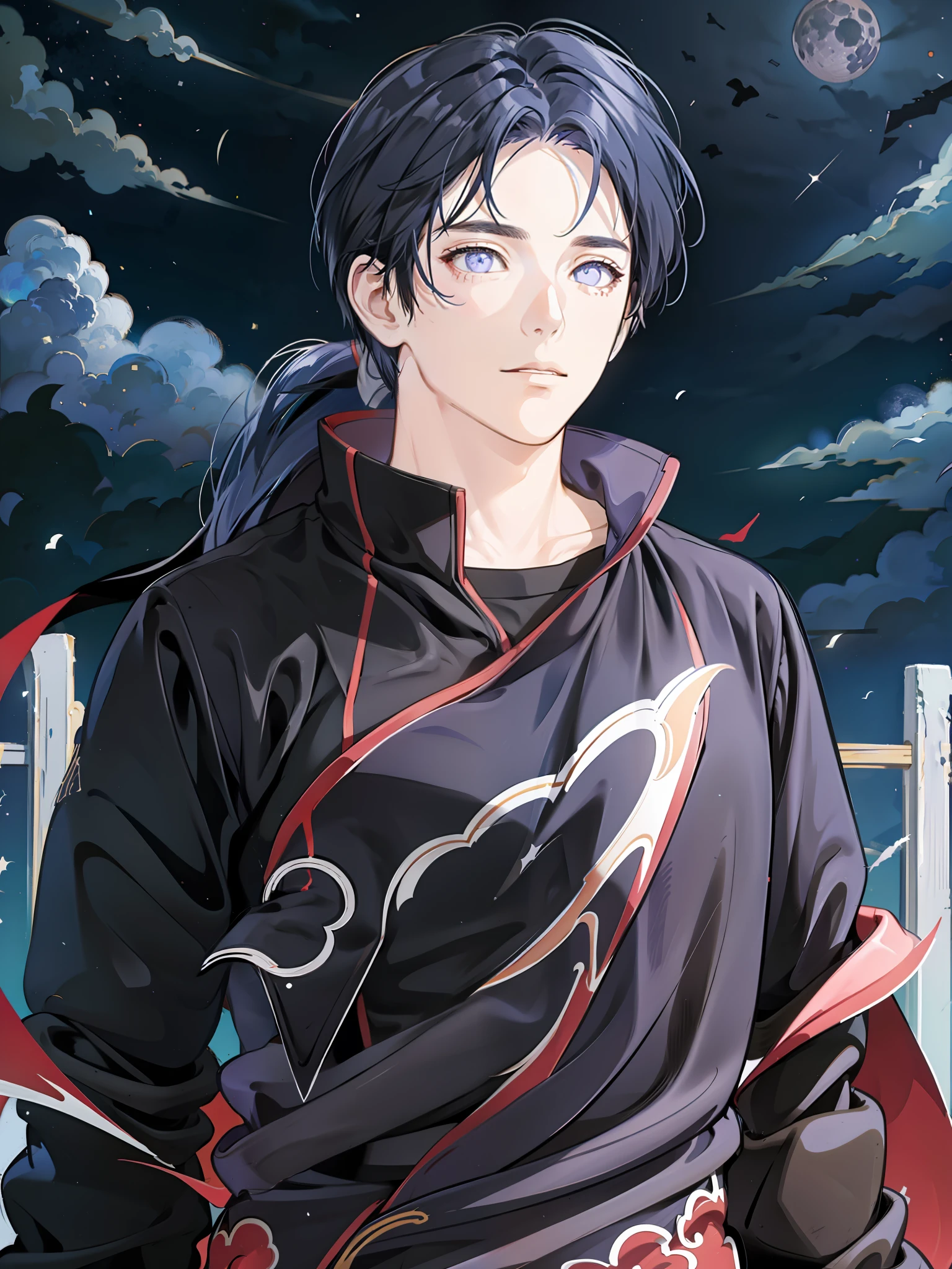 (masterpiece), (best quality), ultra high res, professional artwork, ultra detailed, intricate, detailed face, perfect lighting, 1 boy, dark blue hair, (purple eyes), AKATSUKI OUTFIT, ninja, black cloak, black coat, high collar, collarbone, head, night, night sky, crescent moon, red moon, outdoors, (cowboy shot, far shot), curtain bangs, dark blue hair, long hair