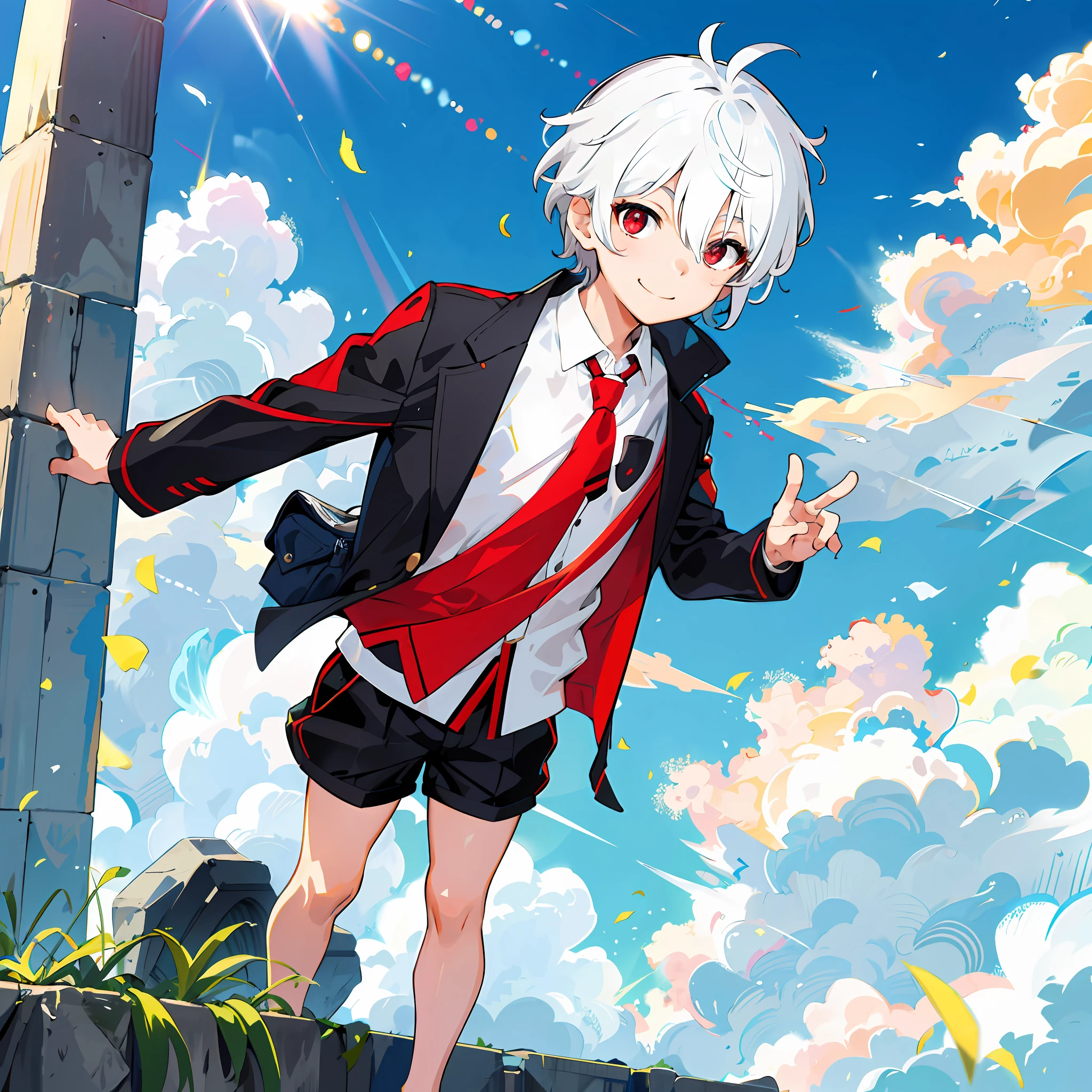 (high-quality, breathtaking),(expressive eyes, perfect face), short, young boy, short white hair, red eyes, smiling, black school uniform, wear shorts, urban setting, sunshine, blue sky, shine, glow.