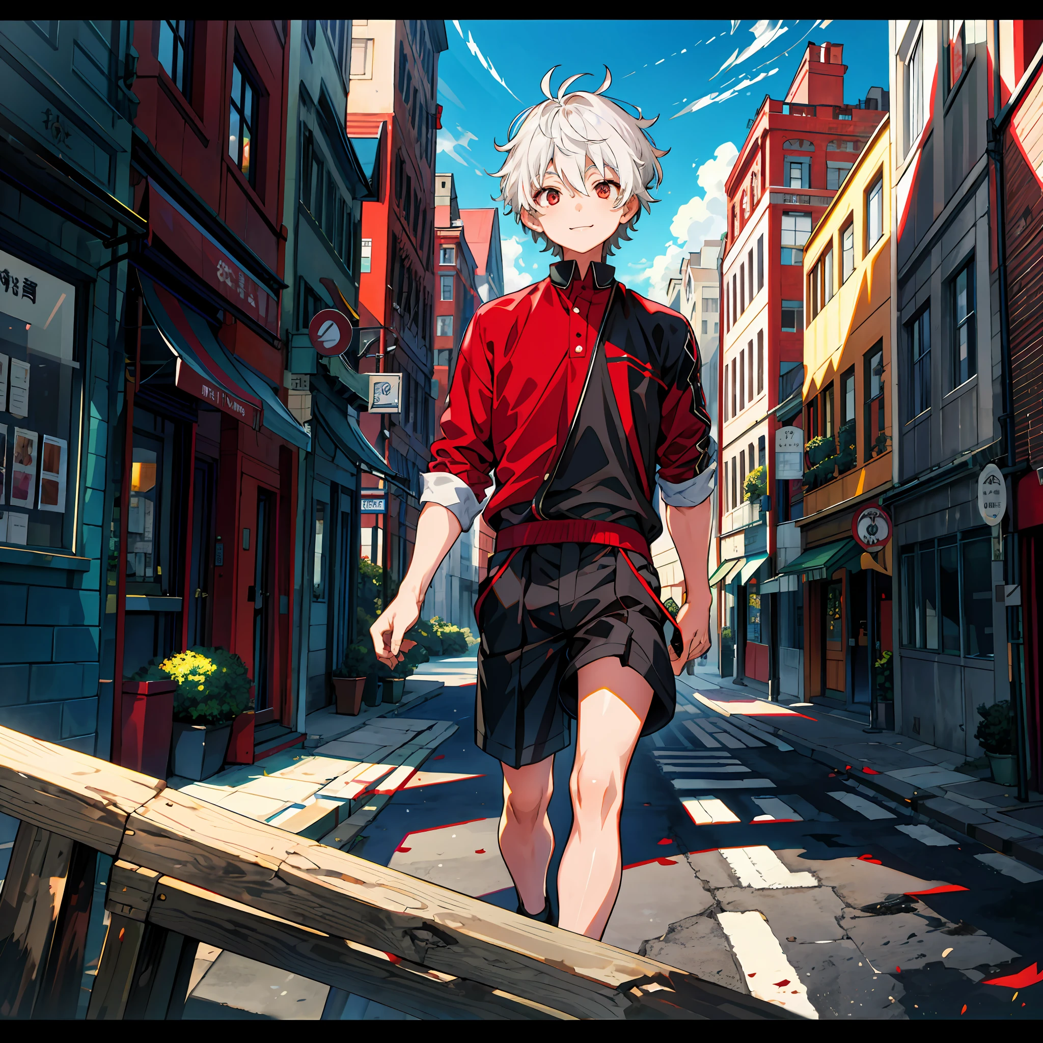 (high-quality, breathtaking),(expressive eyes, perfect face), short, young boy, short white hair, red eyes, smiling, black school uniform, wear shorts, urban setting, sunshine, blue sky, shine, glow.