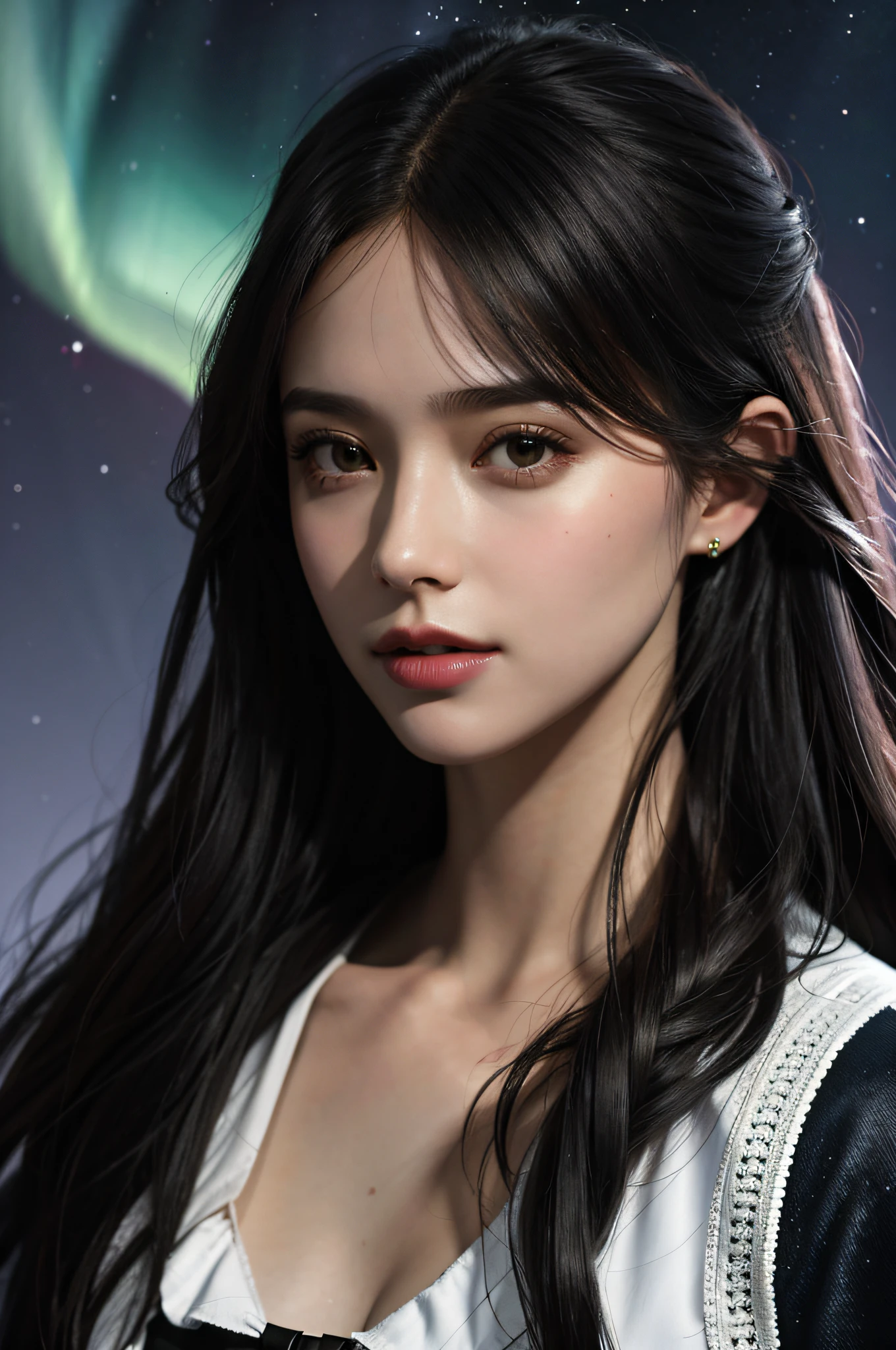 masterpiece,1girl,solo,upper body,(dark dim dramatic atmosphere)+ 8k portrait aurora, girl with super long hair, hair dissolving into bright stars, in drip modern clothing, intricate, highly detailed, digital painting, smooth, sharp focus, illustration, unreal engine 5, 8 k, art by artgerm and greg rutkowski and alphonse mucha,(masterpiece:1.4),(best quality:1.4)