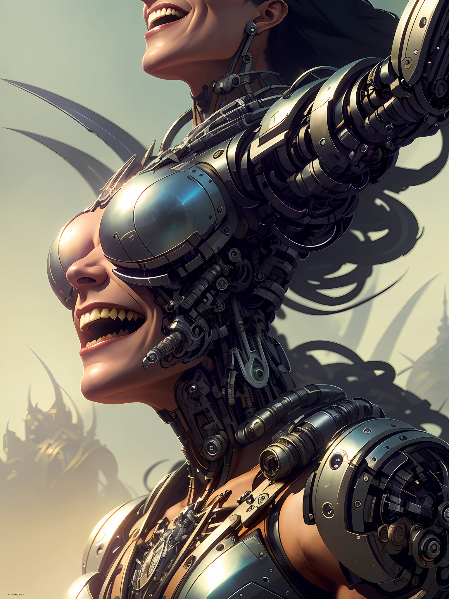muscular ((cyborg)) witch flexing with a sinister laugh, (gorgeous face:1.2), (gorgeous body:1.2), highly detailed, INTRICATE, digital painting, artstation, concept art, sharp focus, illustration, art by greg rutkowski and alphonse mucha