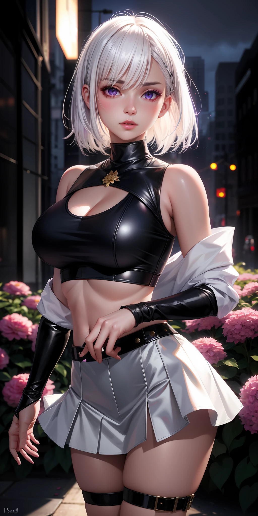 Realistic, 1girl, white hair, purple eyes, glowing eyes, cropped top, big breasts, short skirt, parted lips, blush, night, flowers, sun, sunlight,
