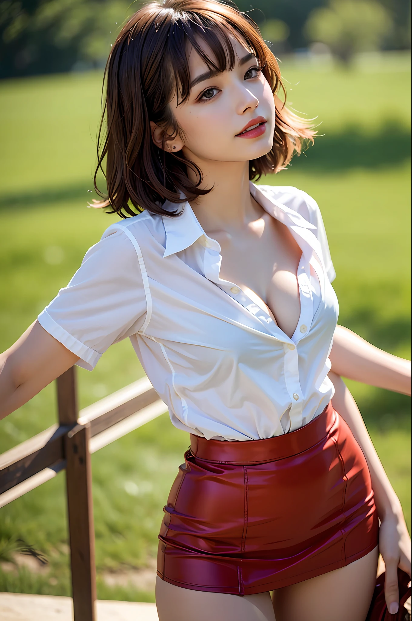NSFW, 8K raw photo, best quality, masterpiece, ultra high definition, film grain, filmg, 1girl, viewer look, natural skin texture, realistic eye and face details, full lips, lipstick, (makeup), red eyeshadow, fluffy short hair, messy hair, smile, close mouth, beautiful legs, tall woman, skinny, slim_legs, slim body, solo, cleavage, Pose with buttocks in front, super short skirt, buttocks, shirt, beautiful natural places, around flower position, (detailed background), tight skirt, white shirt, small tits, cleavage, show a little cleavage through shirt, blurred background, blurred, holding, red leather, short sleeves, brown hair, bracelet, water, bangs, jewelry, parted lips, lips, from the side, depth of field