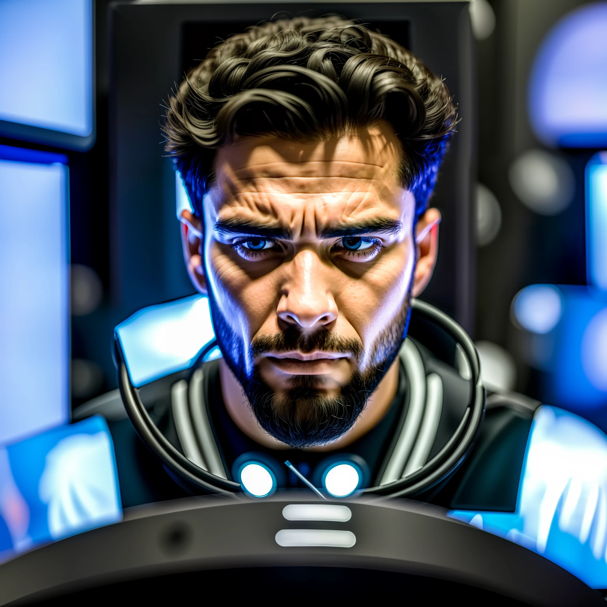 "((Ultra detailed)), ((ultra realistic)) man monitoring 5 screens in front of the computer, focused on the face while carefully analyzing the information."