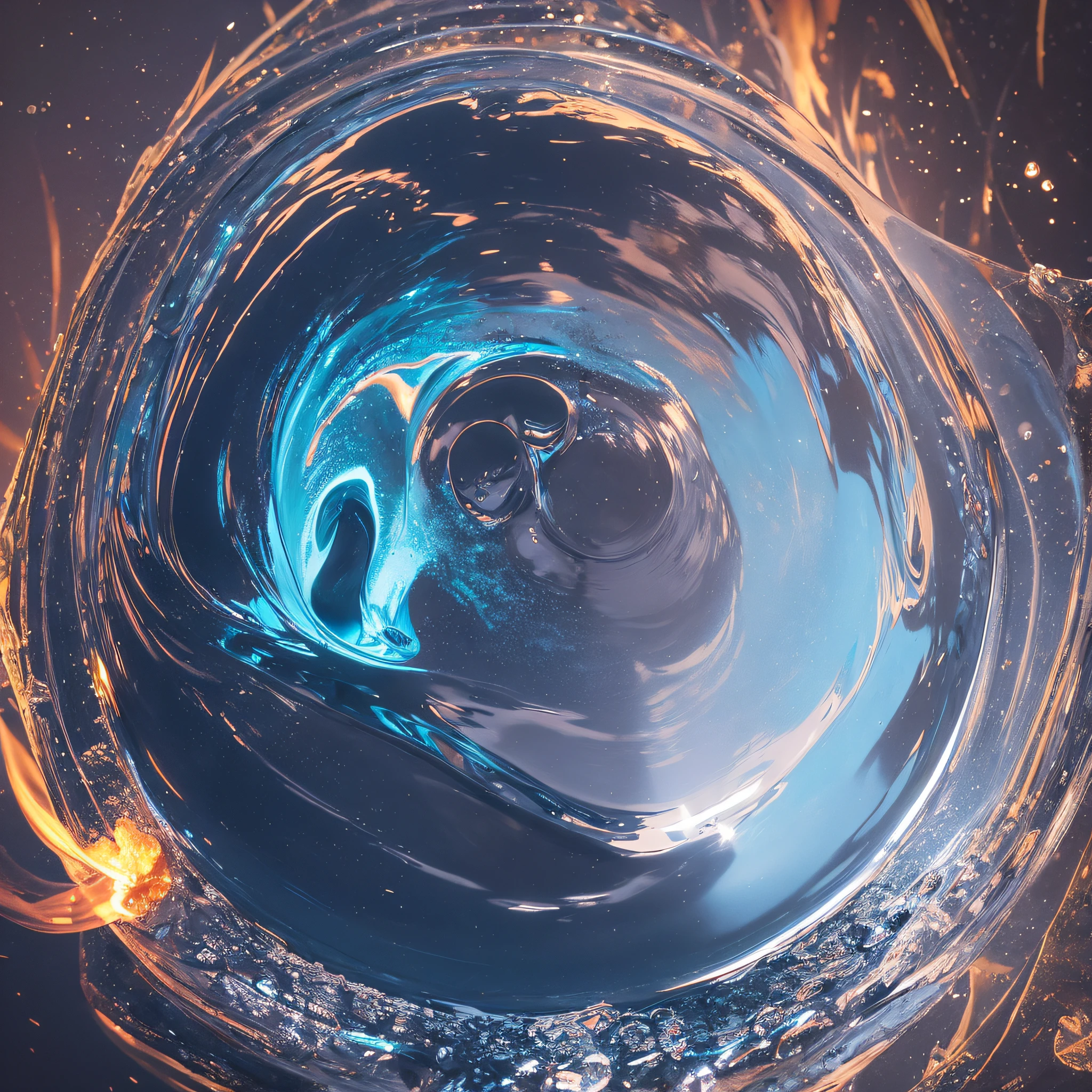 A mysterious flame burns quietly in a solid piece of aqua blue ice