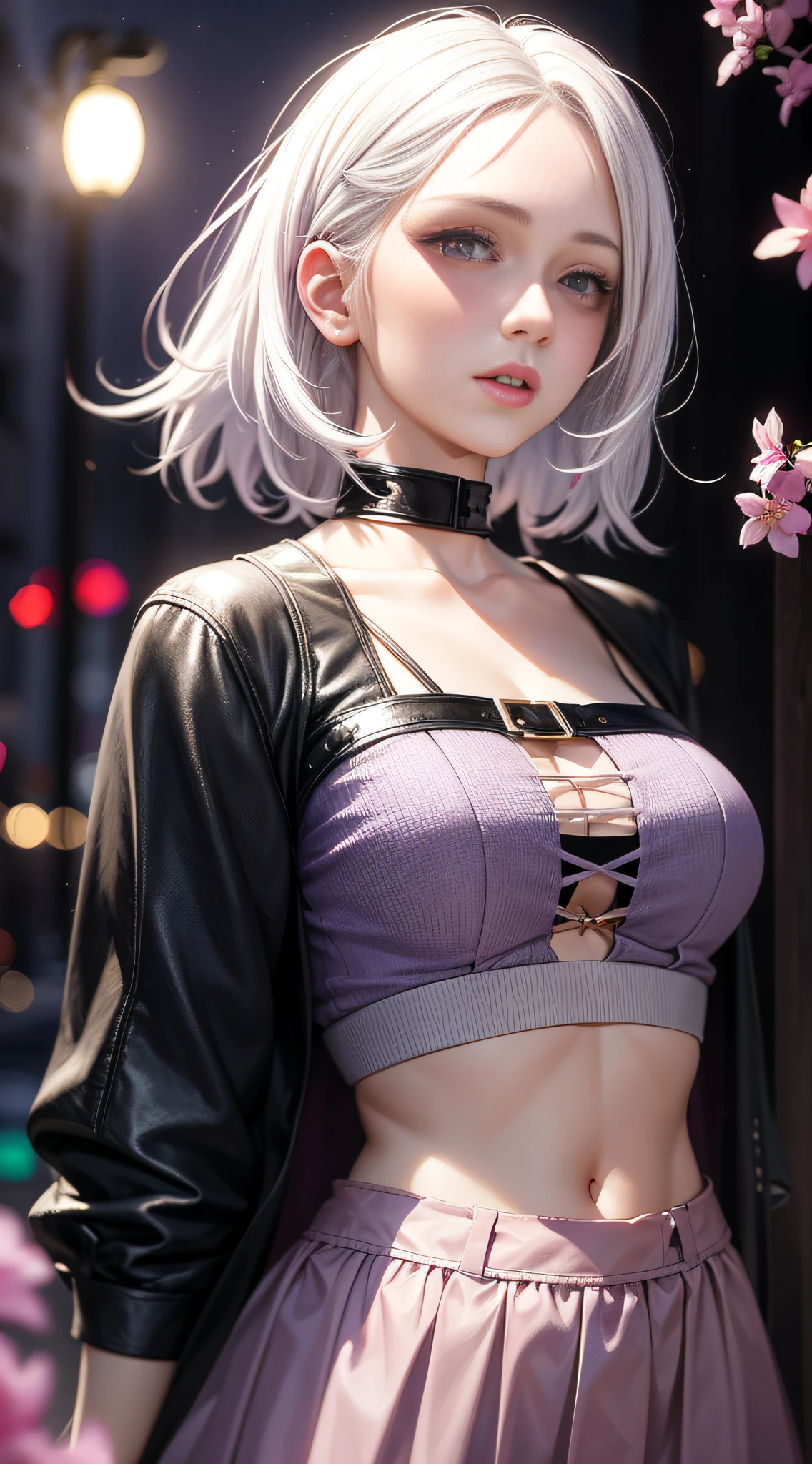 realistic, 1girl, white hair with pink locks, purple eyes, bright eyes, cropped top, skirt, lips half-open, blush, night, flowers, sun, sunlight,