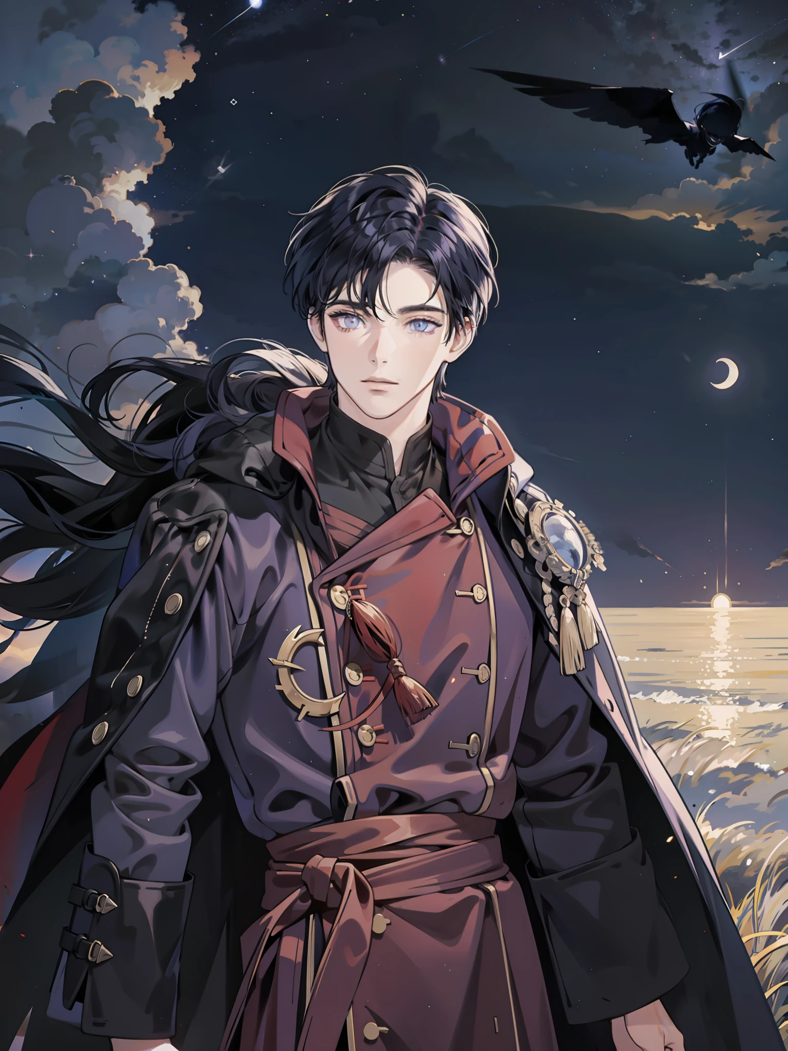 (masterpiece), (best quality), ultra high res, professional artwork, ultra detailed, intricate, detailed face, perfect lighting, 1 boy, dark blue hair, (purple eyes), ninja, black cloak, black coat, high collar, collarbone, head, night, night sky, crescent moon, red moon, outdoors, (cowboy shot, far shot), curtain bangs, dark blue hair, long hair