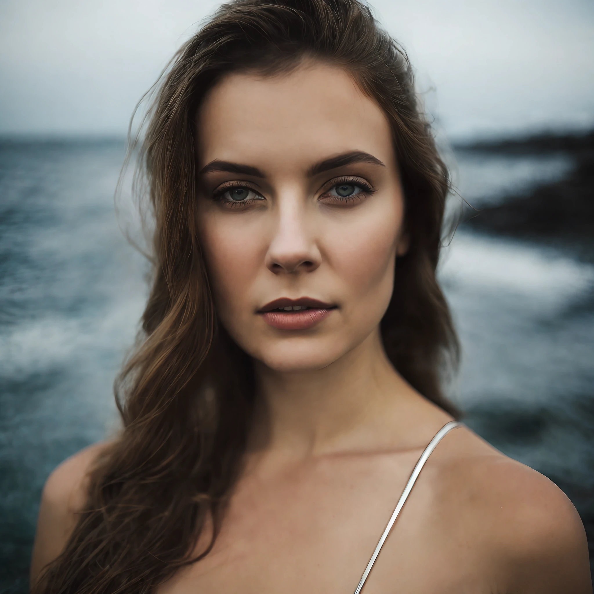 Close-up portrait of a sexy young Ukrainian woman with a revealing dress of fit and brilliance on the edge of the sea, symmetrical face, external lighting, taciturn atmosphere, piercing eyes