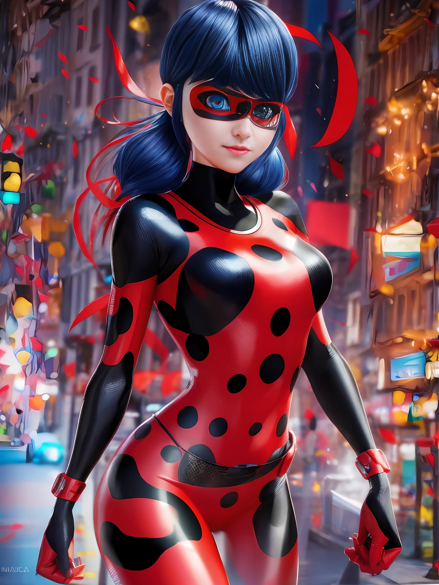 a full body photo, Alexandra Daddario as Ladybug from Miraculous, blue hair, maria chiquinha hairstyle, fringe aside, style of (Steve McCurry), Nikon Z FX device, EF 70mm lens, cinematic lighting, long exposure style, long shot type, vibrant color scene, realistic photo, intricate, beautiful face, ultra detailed face, perfect body, whole body, perfect, perfect,  realistic, highly detailed, Art Station, trend, realistic face, realistic skin, detailed eyes, great art, ultra realistic render n-9, 4K, 8K, 16K, 20K, HDR, UHD, 64K, Perfect Luminance, hyper realistic, symmetrical face, Bokeh, High-resolution scanning, professional photography