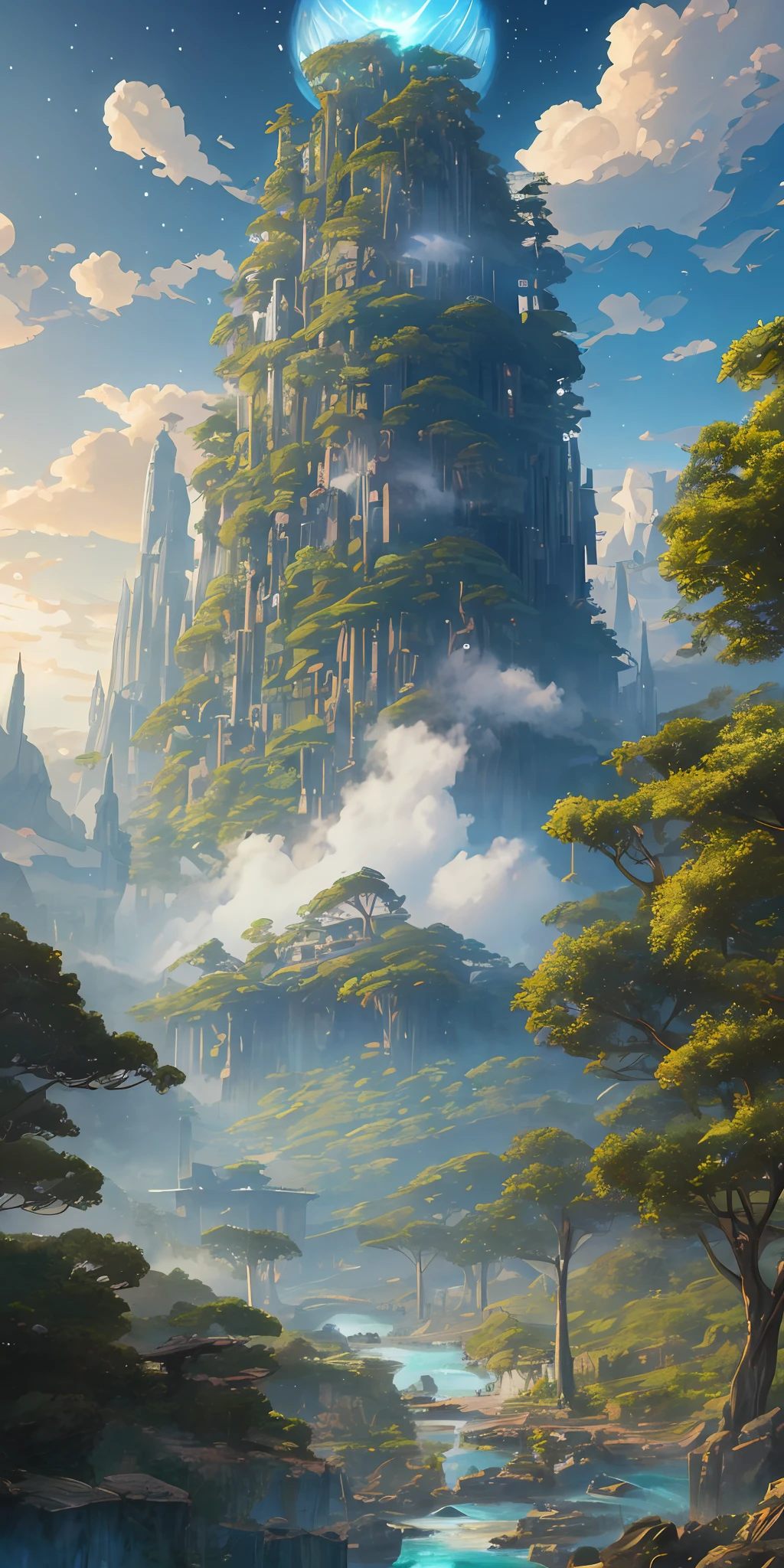 Illustration of a hyperrealistic , otherworldly, ultrasky scene featuring a giant crystal tree full body,very detailed and magical lighting, intricate forest details, vegetation and river around, solarpunk ,landscape, giant tree, beatifull leafy with beautiful lighting and realistic proportions, as if it were a cinematic background, 8k, highest quality, masterpiece, clouds and stars in the sky.Sky, Clouds, holding_weapon, no_humans, Glow, giant mechanical _ trees , city with tall trees _Architecture, “sky, cloud, glowing, big trees ,ghost in the shell, ghost machines, robot, cybernetic _trees, tree_mech, sci-fi, cityscape, realistic, mechanical” Science Fiction, Cities, Rendered in Octane, hyper realistic, 8k, epic composition, cinematic, octane render, artstation landscape vista photography by Carr Clifton & Galen Rowell, 16K resolution, Landscape veduta photo by Dustin Lefevre & tdraw, 8k resolution, detailed landscape painting by Ivan Shishkin, DeviantArt, Flickr, rendered in Enscape, Miyazaki, Nausicaa Ghibli, Breath of The Wild,,trending in artstation, cgsociety, 8k post-processing highly detailed,Junji Murakami, Mucha Klimt, Sharandula, Hiroshi Yoshida, Tom Bagshaw, Ross Tran, Artgerm,Craig Mullins,dramatic,Junji Murakami, moody lighting rendered by octane engine,characters 8K symmetrical arstation, cape,cinematic lighting, intricate details, 8k detail post processing, hyperealistic, octane rend, Zdzisław Beksiński style, ar 2:3 Reality Reality –auto –v6 –s2 --auto --s2