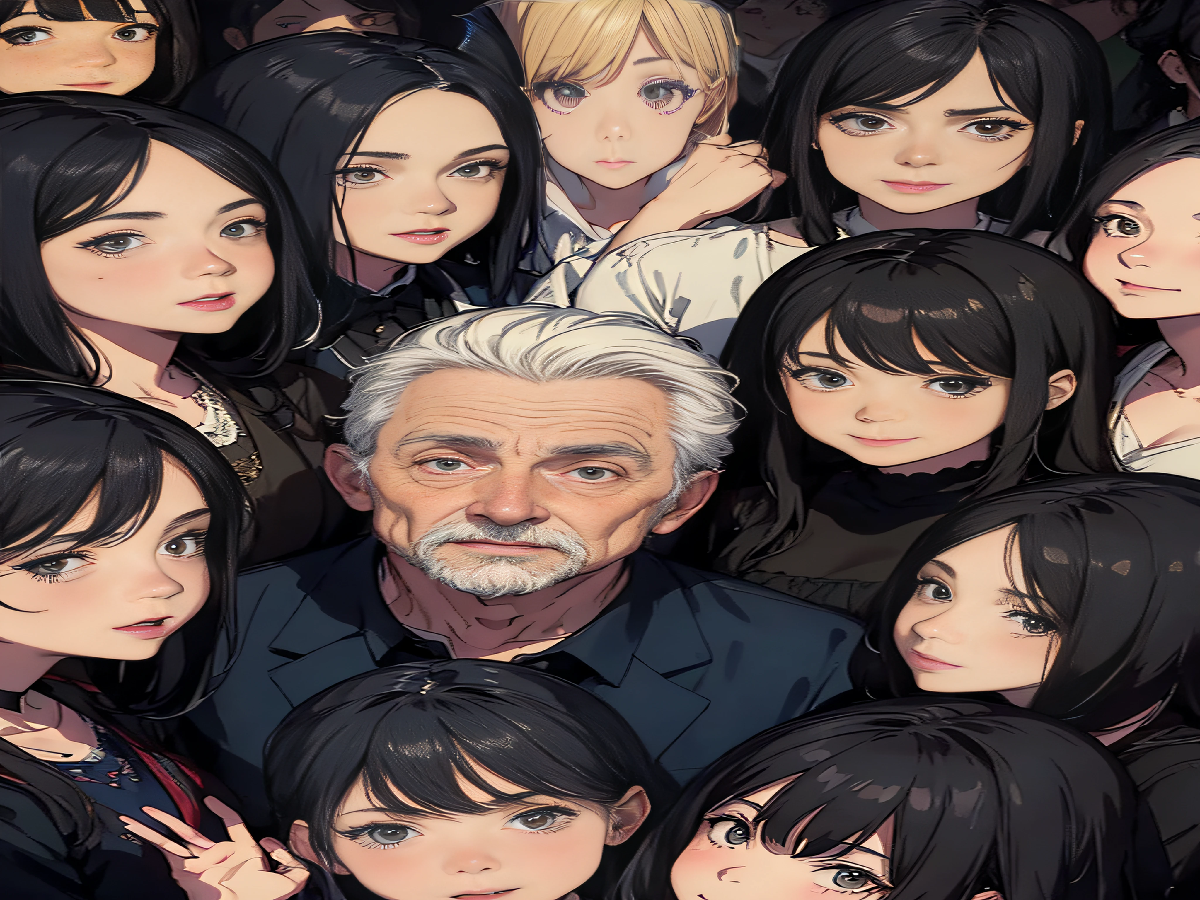 Several women surrounded a middle-aged man, black hair, hollow eyes, light smile, chiaroscuro, cinematic lighting, ray tracing, motion lines, lineup, panorama, vanishing point, Wide-Angle, UHD, anatomically correct, super detail, award winning, 8k