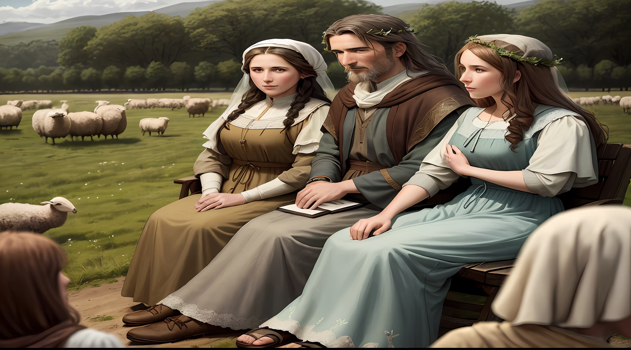 welcoming scene of Jacob at the age of 40 and his wives, Rachel and Leah, sitting in a field, surrounded by flocks of sheep, as they discuss the plan to return to their homeland in Biblical clothing, features, and stagecraft, with detailed faces.