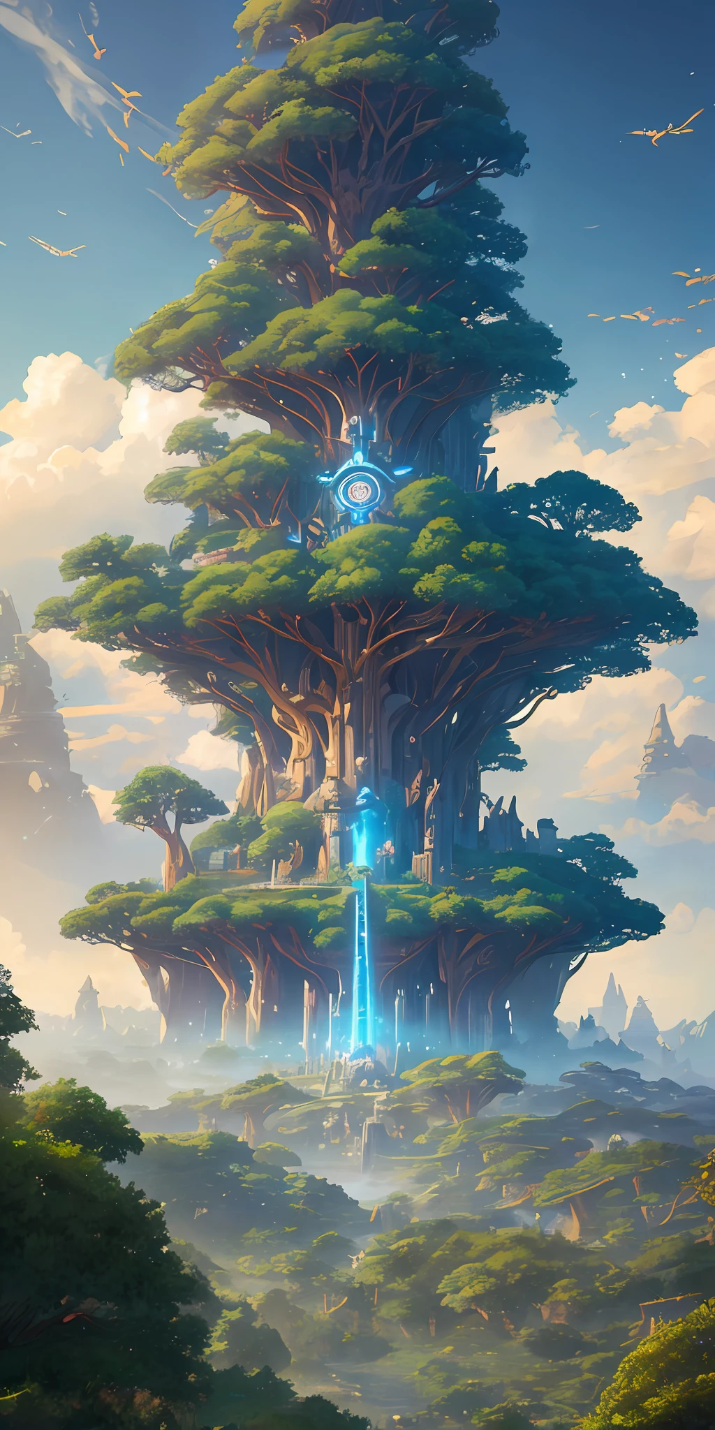 Illustration of a hyperrealistic , otherworldly, ultrasky scene featuring a giant crystal tree full body,very detailed and magical lighting, intricate forest details, vegetation and river around, solarpunk ,landscape, giant tree, beatifull leafy with beautiful lighting and realistic proportions, as if it were a cinematic background, 8k, highest quality, masterpiece, clouds and stars in the sky.Sky, Clouds, holding_weapon, no_humans, Glow, giant mechanical _ trees , city with tall trees _Architecture, “sky, cloud, glowing, big trees ,ghost in the shell, ghost machines, robot, cybernetic _trees, tree_mech, sci-fi, cityscape, realistic, mechanical” Science Fiction, Cities, Rendered in Octane, hyper realistic, 8k, epic composition, cinematic, octane render, artstation landscape vista photography by Carr Clifton & Galen Rowell, 16K resolution, Landscape veduta photo by Dustin Lefevre & tdraw, 8k resolution, detailed landscape painting by Ivan Shishkin, DeviantArt, Flickr, rendered in Enscape, Miyazaki, Nausicaa Ghibli, Breath of The Wild,,trending in artstation, cgsociety, 8k post-processing highly detailed,Junji Murakami, Mucha Klimt, Sharandula, Hiroshi Yoshida, Tom Bagshaw, Ross Tran, Artgerm,Craig Mullins,dramatic,Junji Murakami, moody lighting rendered by octane engine,characters 8K symmetrical arstation, cape,cinematic lighting, intricate details, 8k detail post processing, hyperealistic, octane rend, Zdzisław Beksiński style, ar 2:3 Reality Reality –auto –v6 –s2 --auto --s2