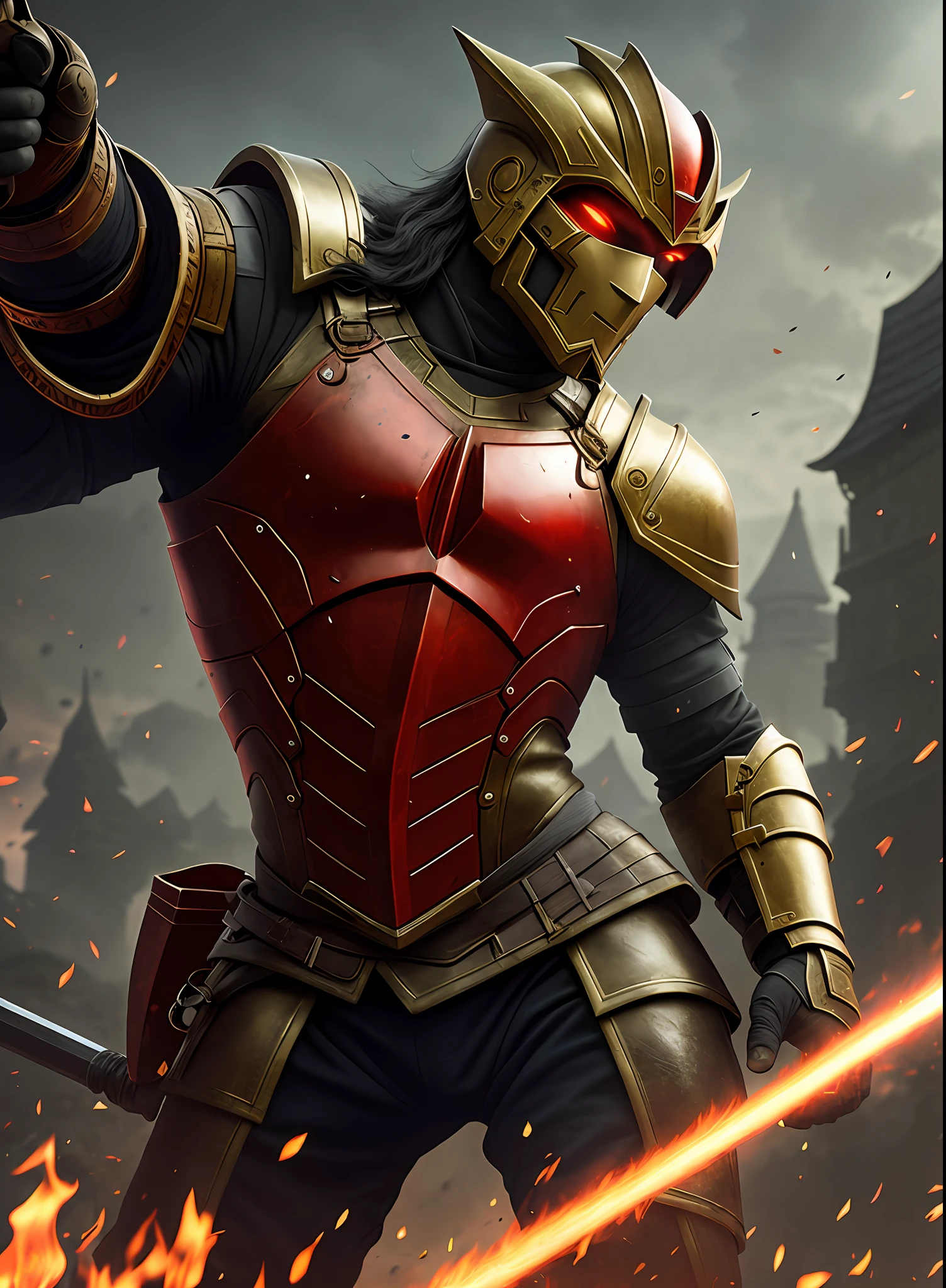 Medieval warrior in a battle arena, wearing a green-red fighting suit, dark golden armor, in a dark universe, a hellish environment of light burning, giving the scene a dark atmosphere but sculpting the shapes in sharp chiaroscuro), is night, (highly detailed skin), (fierce face highly detailed), detailed background, dark lighting, twilight lighting, volumetric lighting, intricate details, UHD, extremely detailed masterpiece, intricate details, (highest quality: 1.3), cinematic shot, ((masterpiece)), (sharp focus: 1.5), (realistic photo: 1.3), muscular body, (detailed face), detailed background, depth of field, (dark lighting: 1.3), dramatic lighting, twilight lighting, volumetric shadows, highly detailed, intricate details, 8k, UHD, HDR, render in 8k, ultra-hd.