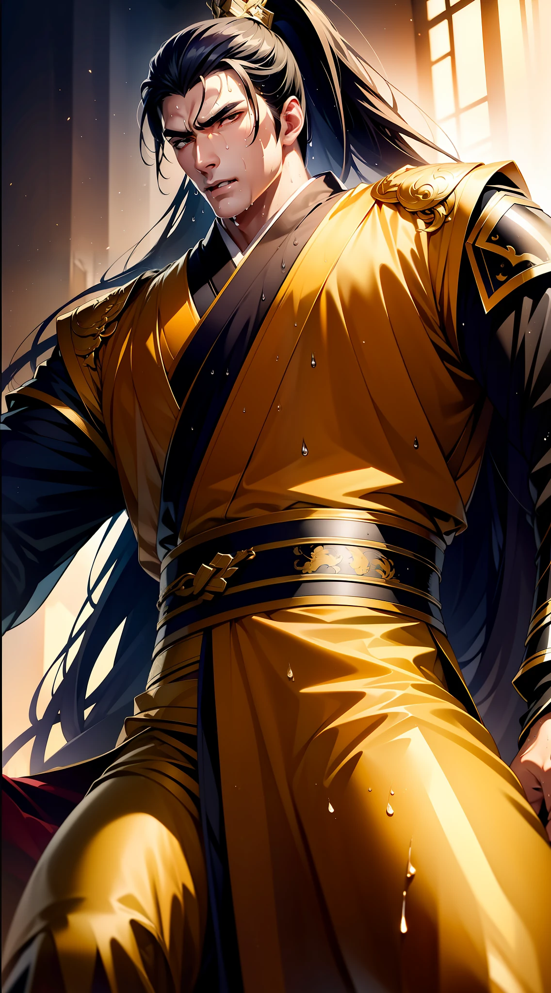 Two-dimensional, anime style, man (male warrior), muscle, correct proportions, face details, martial arts, high ponytail hairstyle, sweating, sweaty face, drooling, neck details, with Adam's apple, wet, wet, Hanfu costume, long robe, embroidered robe, dragon robe, clothing details, collar, long sleeves, game quality, swordsman demeanor, light and shadow tracing, ray tracing, detail glow, CG rendering, hair details, long black hair, golden eyes, sweaty face, handsome, handsome, sweat beads slipping down the neck, (juvenile feeling), complex clothing, wet, wet, perfect composition, refinement, high quality, more details, a lot of details, complex background, atmosphere,