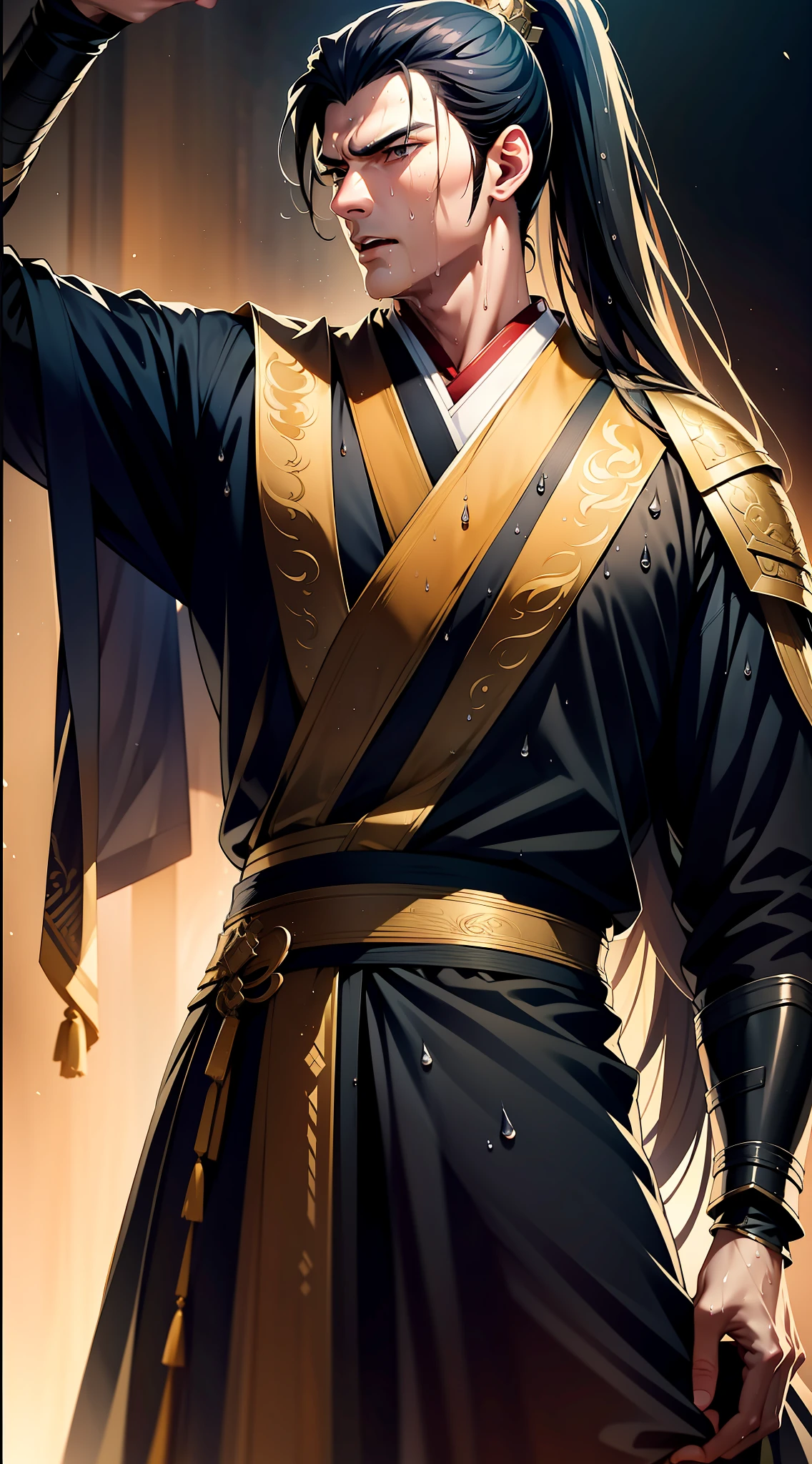 Two-dimensional, anime style, man (male warrior), muscle, correct proportions, face details, martial arts, high ponytail hairstyle, sweating, sweaty face, drooling, neck details, with Adam's apple, wet, wet, Hanfu costume, long robe, embroidered robe, dragon robe, clothing details, collar, long sleeves, game quality, swordsman demeanor, light and shadow tracing, ray tracing, detail glow, CG rendering, hair details, long black hair, golden eyes, sweaty face, handsome, handsome, sweat beads slipping down the neck, (juvenile feeling), complex clothing, wet, wet, perfect composition, refinement, high quality, more details, a lot of details, complex background, atmosphere,
