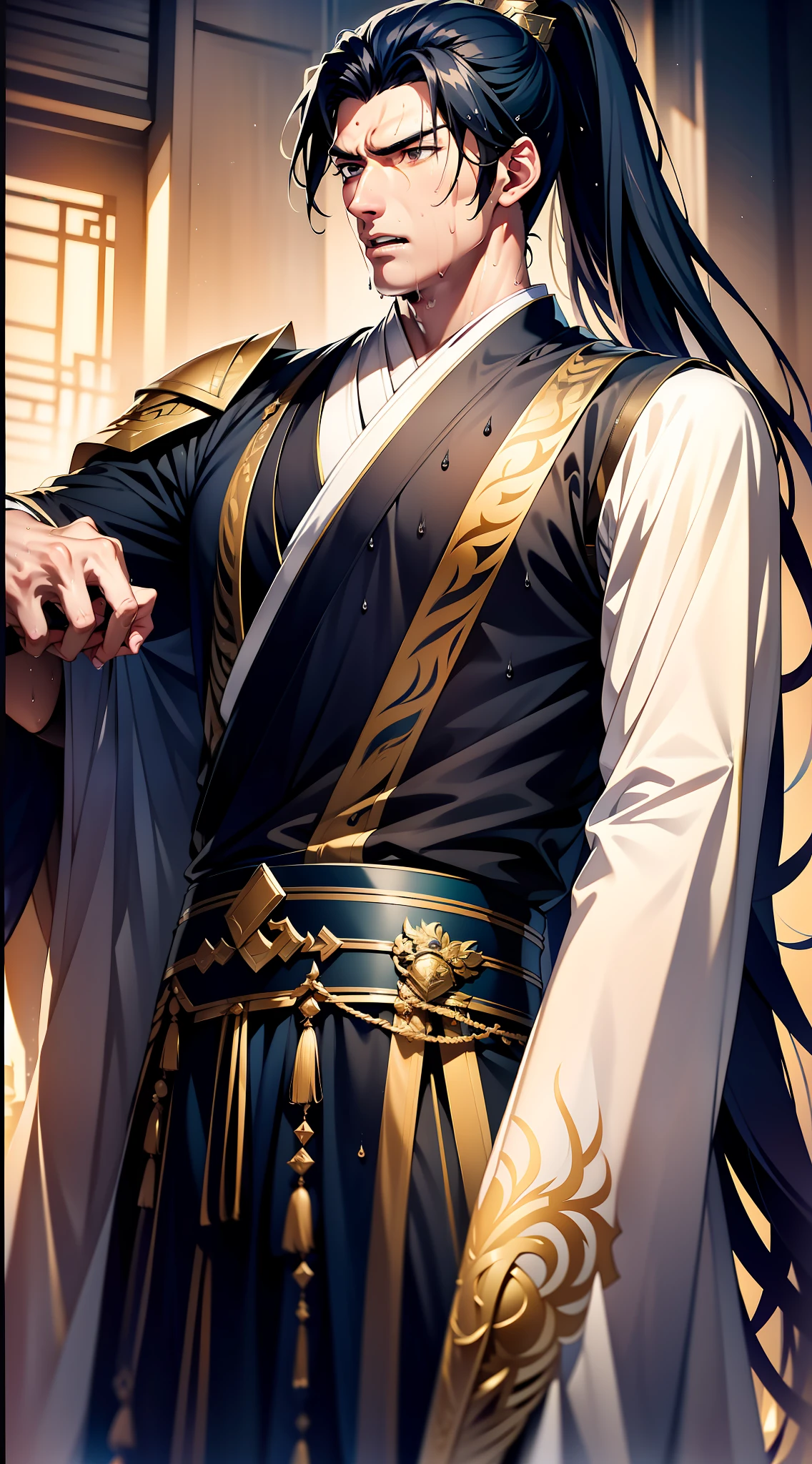 Two-dimensional, anime style, man (male warrior), muscle, correct proportions, face details, martial arts, high ponytail hairstyle, sweating, sweaty face, drooling, neck details, with Adam's apple, wet, wet, Hanfu costume, long robe, embroidered robe, dragon robe, clothing details, collar, long sleeves, game quality, swordsman demeanor, light and shadow tracing, ray tracing, detail glow, CG rendering, hair details, long black hair, golden eyes, sweaty face, handsome, handsome, sweat beads slipping down the neck, (juvenile feeling), complex clothing, wet, wet, perfect composition, refinement, high quality, more details, a lot of details, complex background, atmosphere,