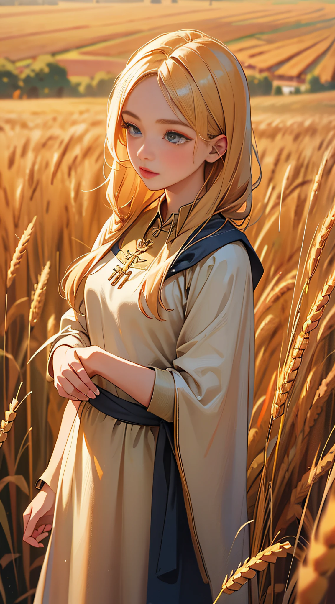 Masterpiece, best quality, 1 girl, maiden in the wheat, super detailed, super HD, high quality, highest quality, 32k