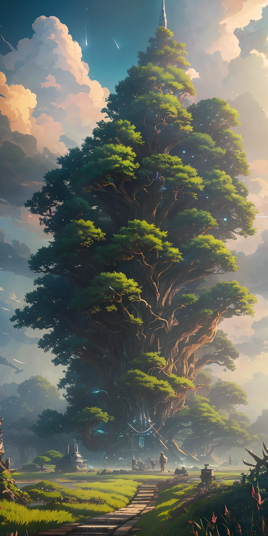 Illustration of a hyperrealistic , otherworldly, ultrasky scene featuring a giant crystal tree full body,very detailed and magical lighting, intricate forest details, vegetation and river around, solarpunk ,landscape, giant tree, beatifull leafy with beautiful lighting and realistic proportions, as if it were a cinematic background, 8k, highest quality, masterpiece, clouds and stars in the sky.Sky, Clouds, holding_weapon, no_humans, Glow, giant mechanical _ trees , city with tall trees _Architecture, “sky, cloud, glowing, big trees ,ghost in the shell, ghost machines, robot, cybernetic _trees, tree_mech, sci-fi, cityscape, realistic, mechanical” Science Fiction, Cities, Rendered in Octane, hyper realistic, 8k, epic composition, cinematic, octane render, artstation landscape vista photography by Carr Clifton & Galen Rowell, 16K resolution, Landscape veduta photo by Dustin Lefevre & tdraw, 8k resolution, detailed landscape painting by Ivan Shishkin, DeviantArt, Flickr, rendered in Enscape, Miyazaki, Nausicaa Ghibli, Breath of The Wild,,trending in artstation, cgsociety, 8k post-processing highly detailed,Junji Murakami, Mucha Klimt, Sharandula, Hiroshi Yoshida, Tom Bagshaw, Ross Tran, Artgerm,Craig Mullins,dramatic,Junji Murakami, moody lighting rendered by octane engine,characters 8K symmetrical arstation, cape,cinematic lighting, intricate details, 8k detail post processing, hyperealistic, octane rend, Zdzisław Beksiński style, ar 2:3 Reality Reality –auto –v6 –s2 --auto --s2