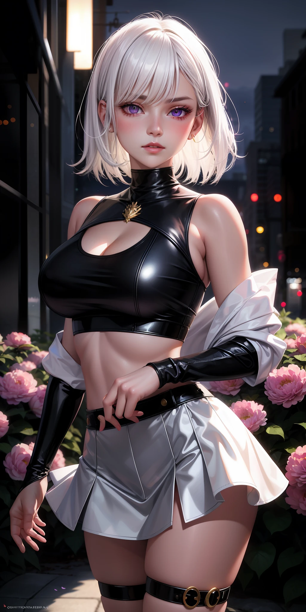 Realistic, 1girl, white hair, purple eyes, glowing eyes, bikini, big breasts, long legs,, parted lips, blush, night, flowers, sun, sunlight,