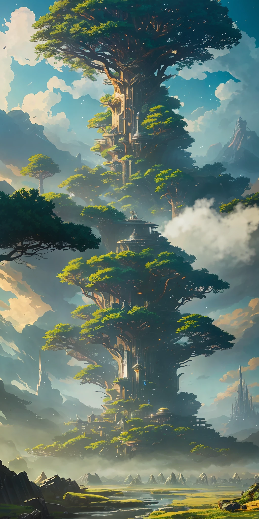 Illustration of a hyperrealistic , otherworldly, ultrasky scene featuring a giant crystal tree full body,very detailed and magical lighting, intricate forest details, vegetation and river around, solarpunk ,landscape, giant tree, beatifull leafy with beautiful lighting and realistic proportions, as if it were a cinematic background, 8k, highest quality, masterpiece, clouds and stars in the sky.Sky, Clouds, holding_weapon, no_humans, Glow, giant mechanical _ trees , city with tall trees _Architecture, “sky, cloud, glowing, big trees ,ghost in the shell, ghost machines, robot, cybernetic _trees, tree_mech, sci-fi, cityscape, realistic, mechanical” Science Fiction, Cities, Rendered in Octane, hyper realistic, 8k, epic composition, cinematic, octane render, artstation landscape vista photography by Carr Clifton & Galen Rowell, 16K resolution, Landscape veduta photo by Dustin Lefevre & tdraw, 8k resolution, detailed landscape painting by Ivan Shishkin, DeviantArt, Flickr, rendered in Enscape, Miyazaki, Nausicaa Ghibli, Breath of The Wild,,trending in artstation, cgsociety, 8k post-processing highly detailed,Junji Murakami, Mucha Klimt, Sharandula, Hiroshi Yoshida, Tom Bagshaw, Ross Tran, Artgerm,Craig Mullins,dramatic,Junji Murakami, moody lighting rendered by octane engine,characters 8K symmetrical arstation, cape,cinematic lighting, intricate details, 8k detail post processing, hyperealistic, octane rend, Zdzisław Beksiński style, ar 2:3 Reality Reality –auto –v6 –s2 --auto --s2