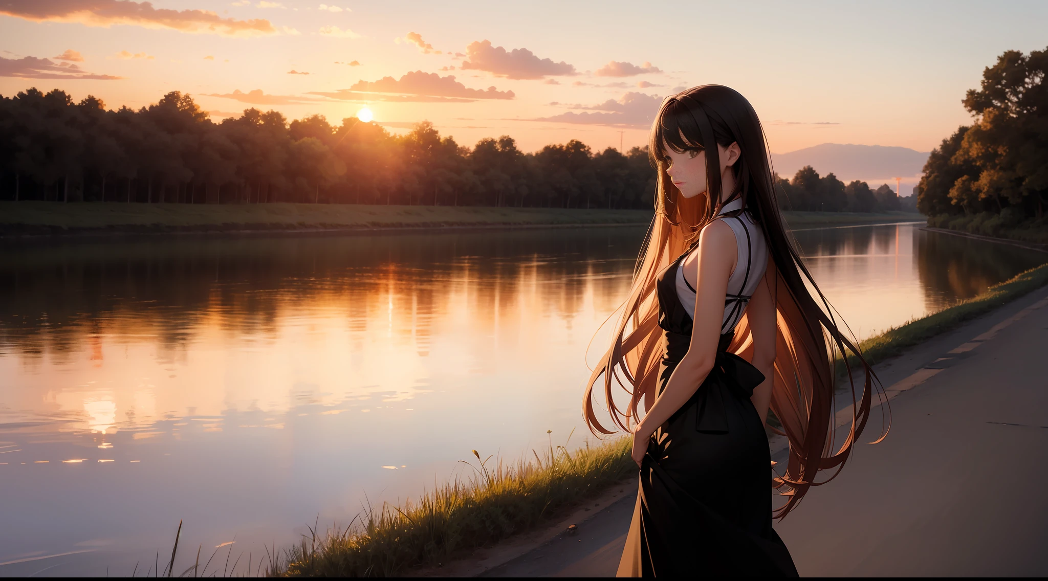 Long hair and waist, skinny little woman, sunset, by the river