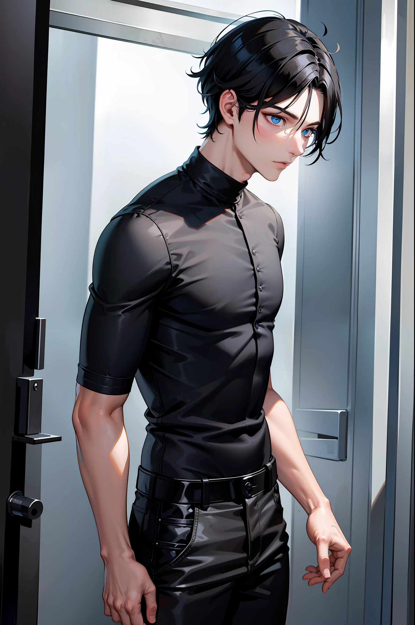 masterpiece, guy, focus guy, black hair, blue eyes, black shirt, pants, standing,