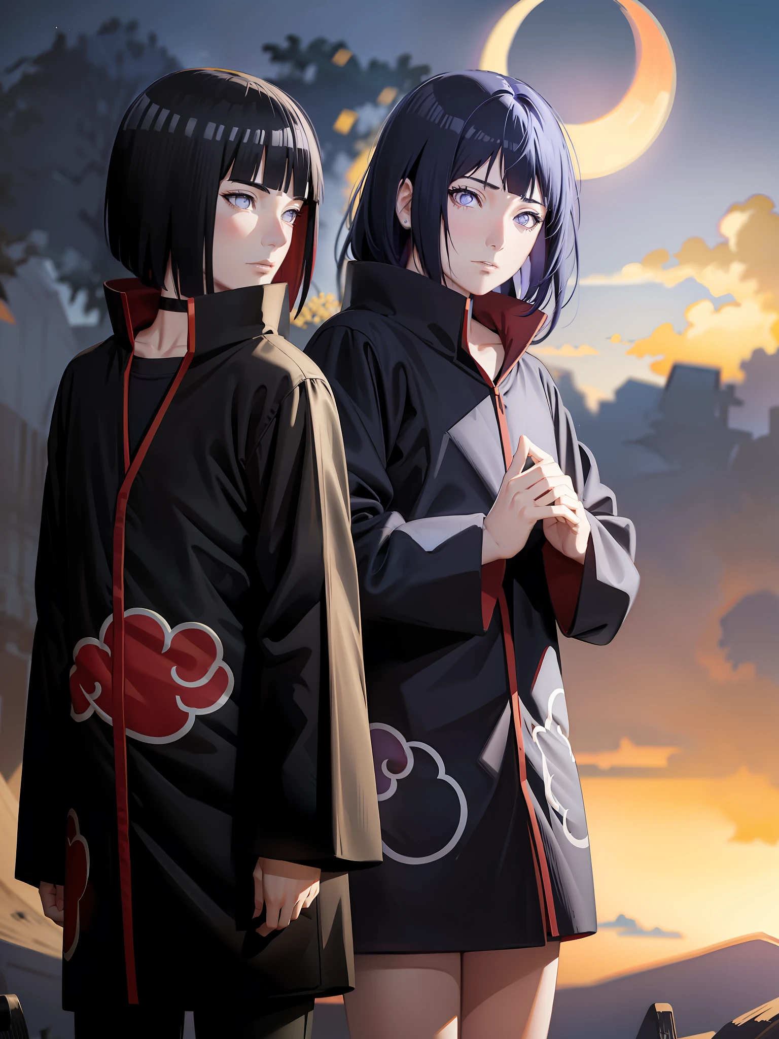 (masterpiece), (best quality), ultra high res, professional artwork, ultra detailed, intricate, detailed face, perfect lighting, 1girl, dark blue hair, (purple eyes), AKATSUKI OUTFIT, ninja, black cloak, black coat, high collar, collarbone, head, night, night sky, crescent moon, red moon, outdoors, (cowboy shot, far shot), blunt bangs, dark blue hair, long hair